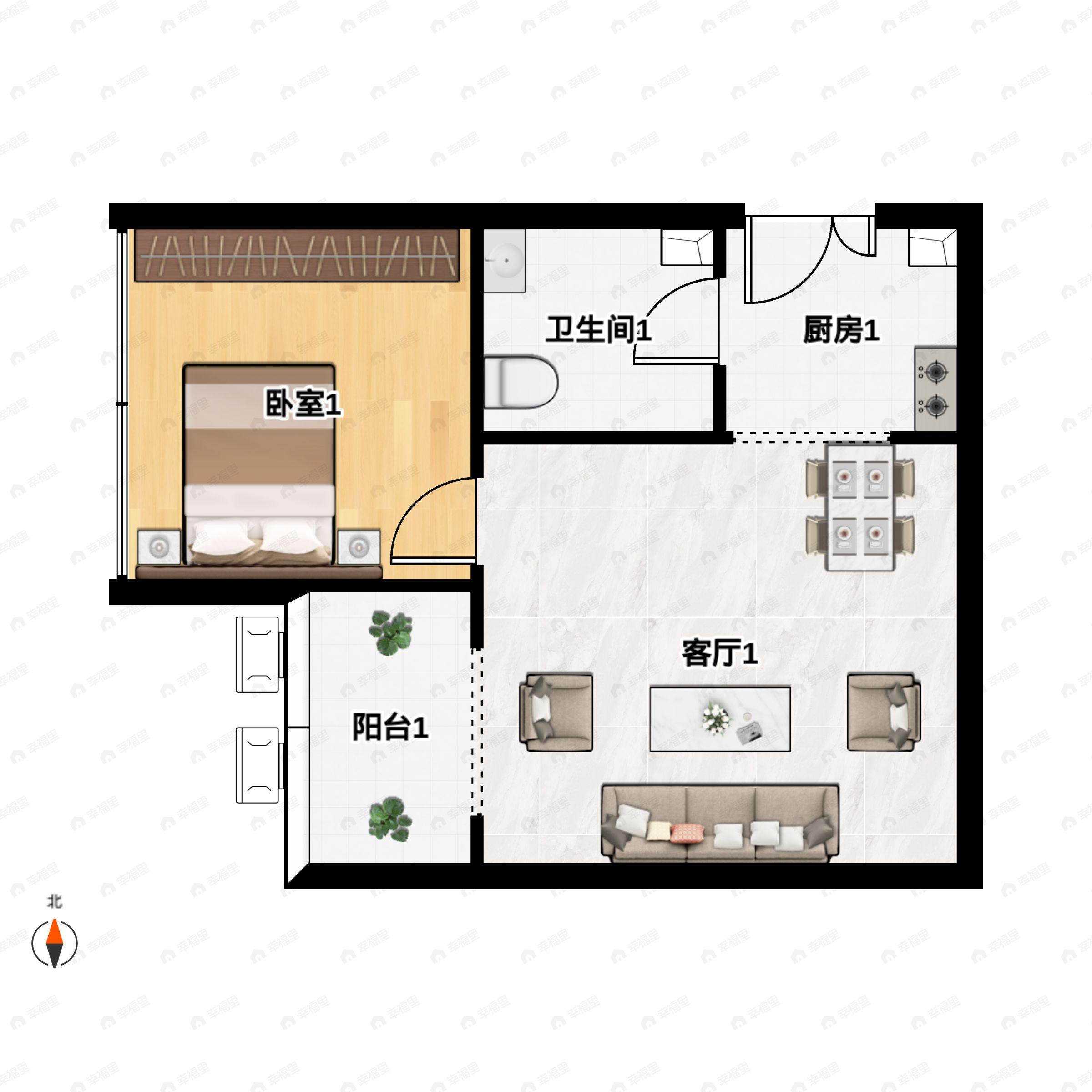 1室1厅1卫建面57平户型图