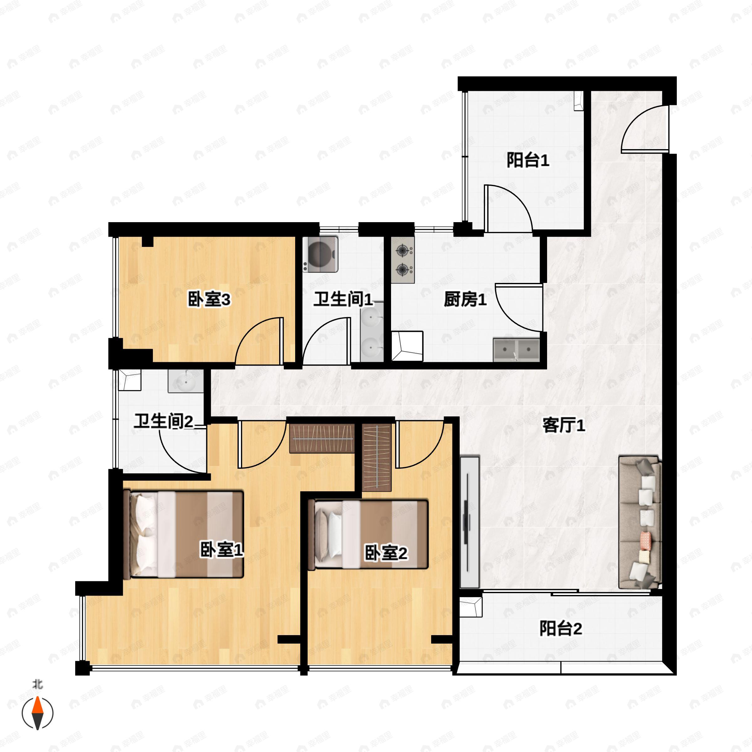 3室2厅1卫建面109平西|南户型图