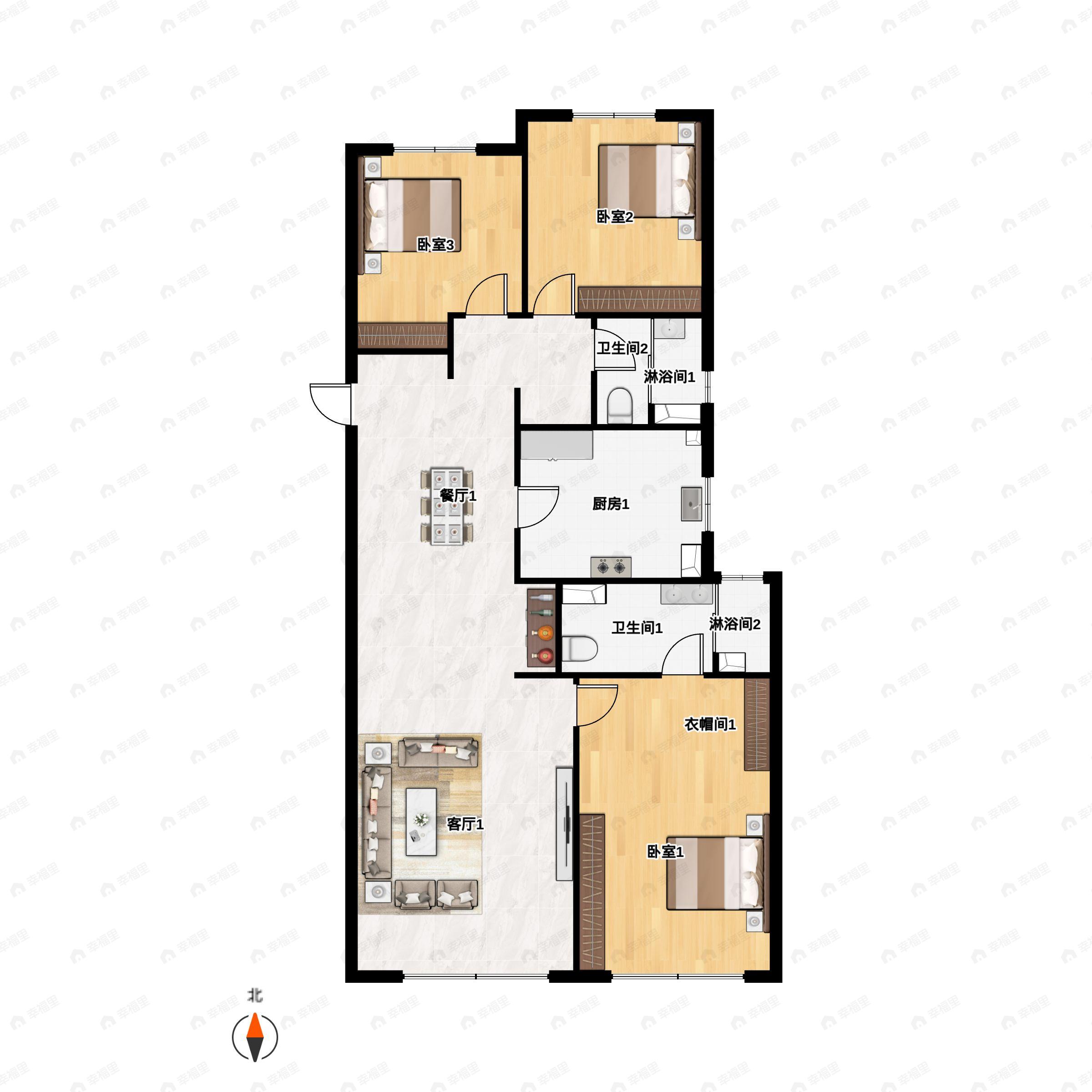 3室2厅2卫建面125m²北|南户型图