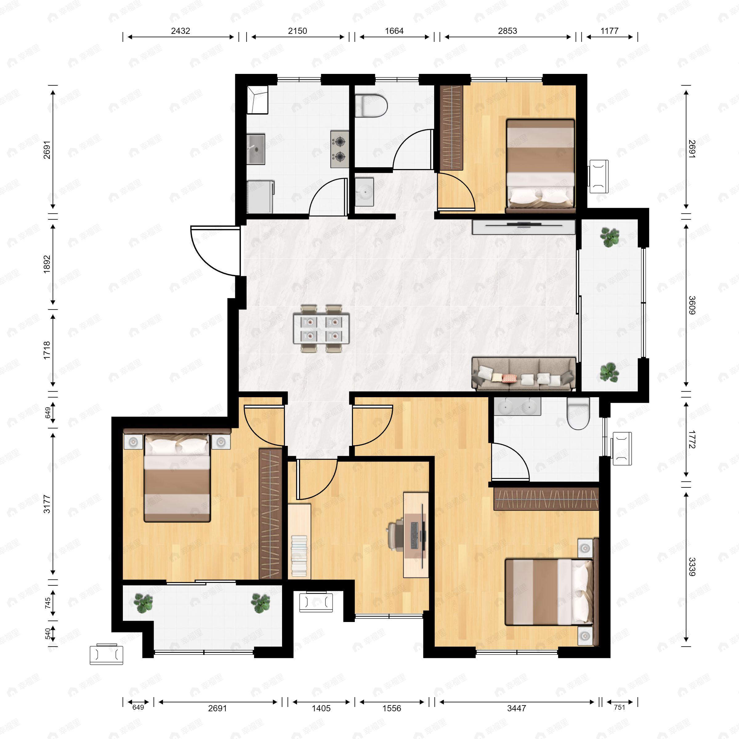 3室2厅2卫建面130m²南户型图