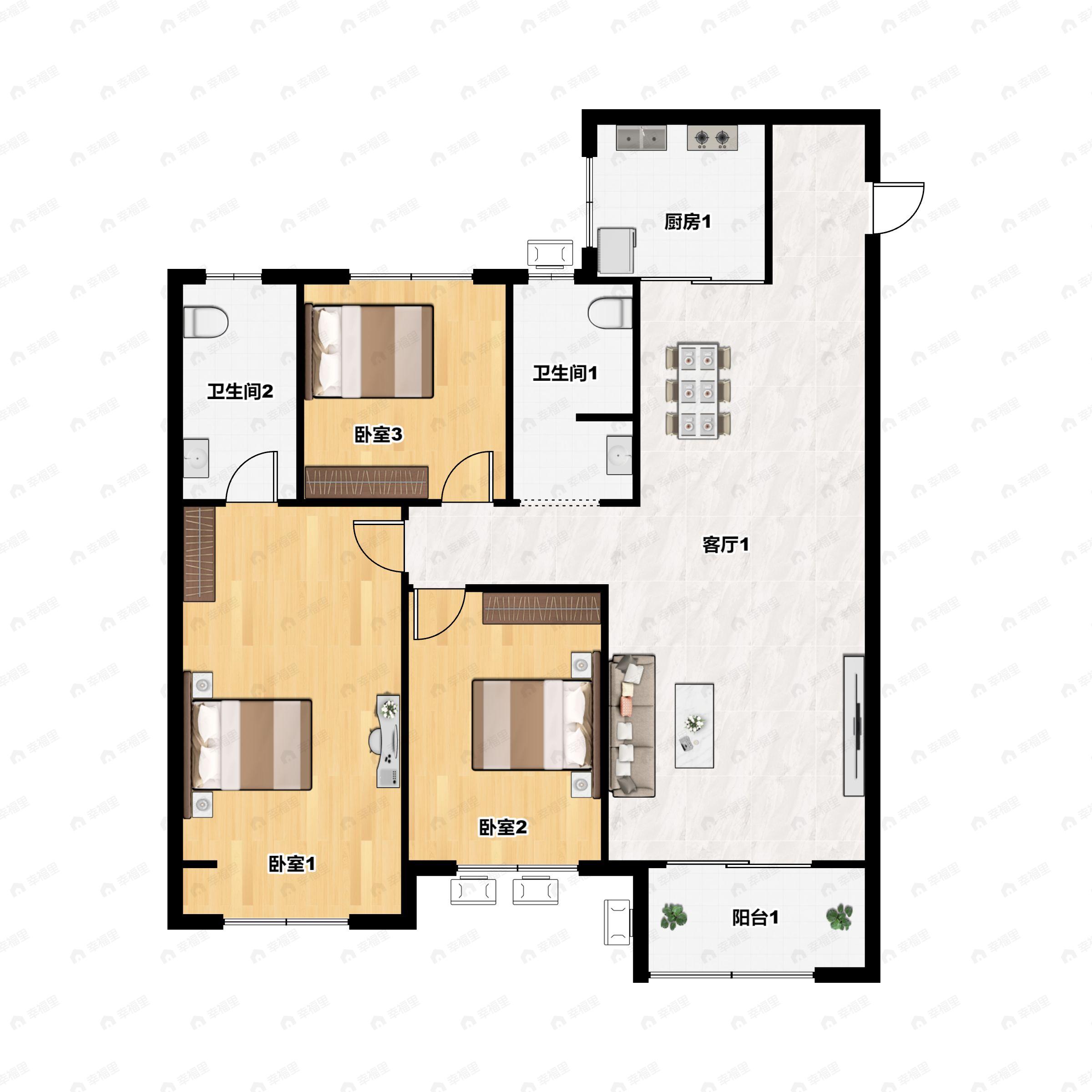 3室2厅2卫建面128平南户型图