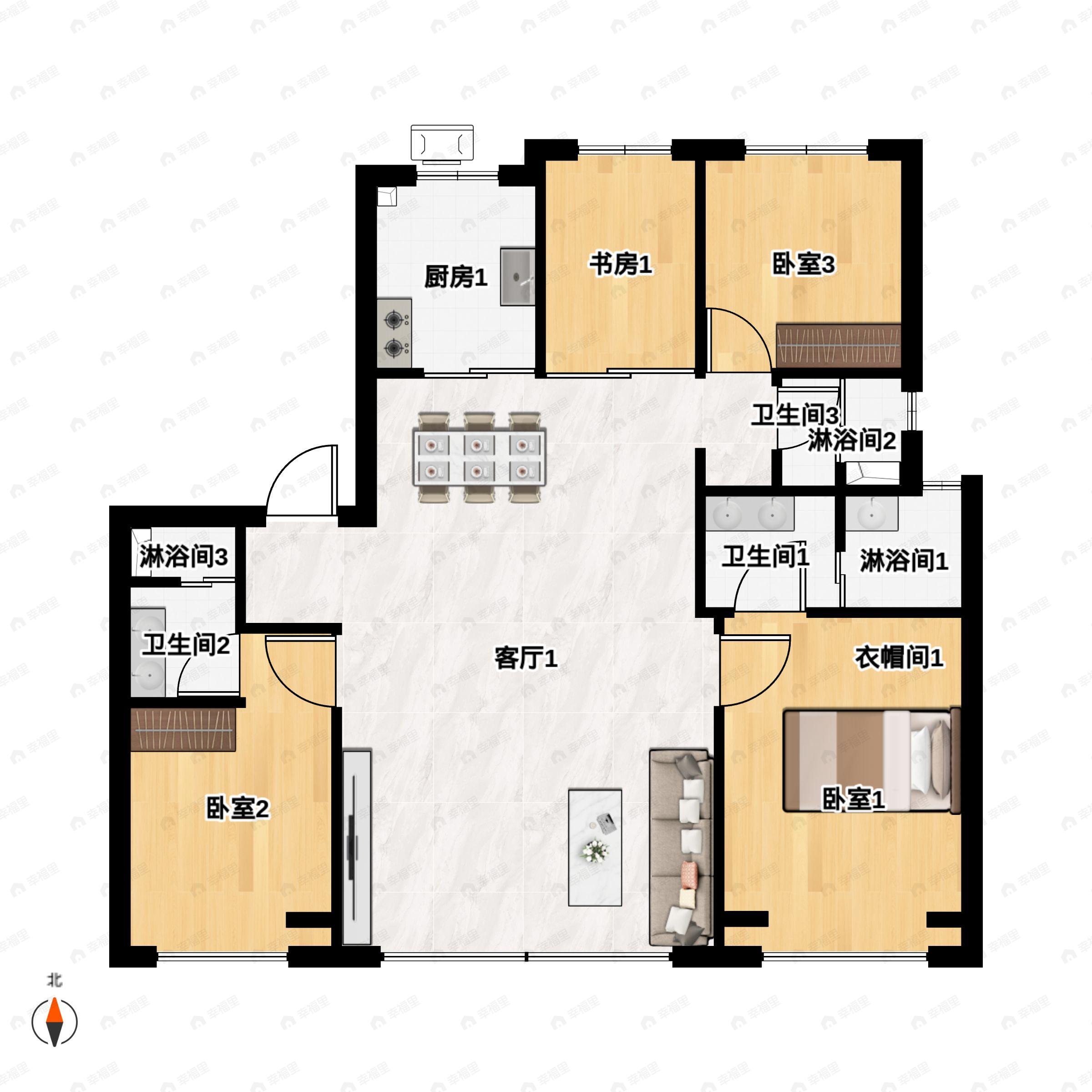 4室2厅3卫建面154平北|南户型图
