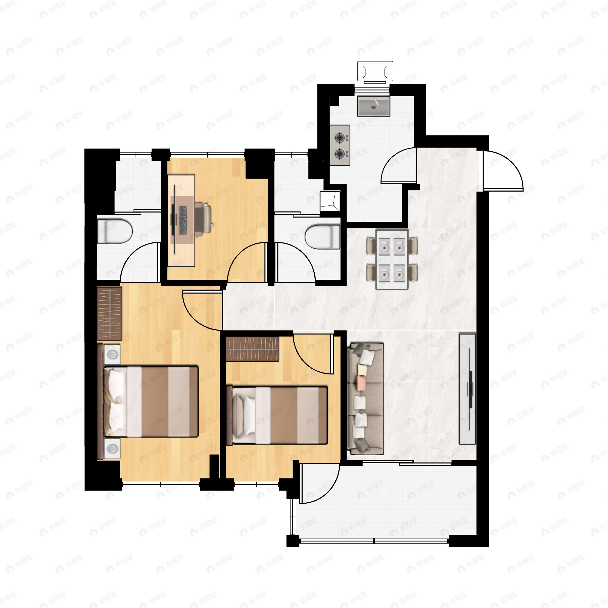 3室2厅2卫建面99m²北|南户型图