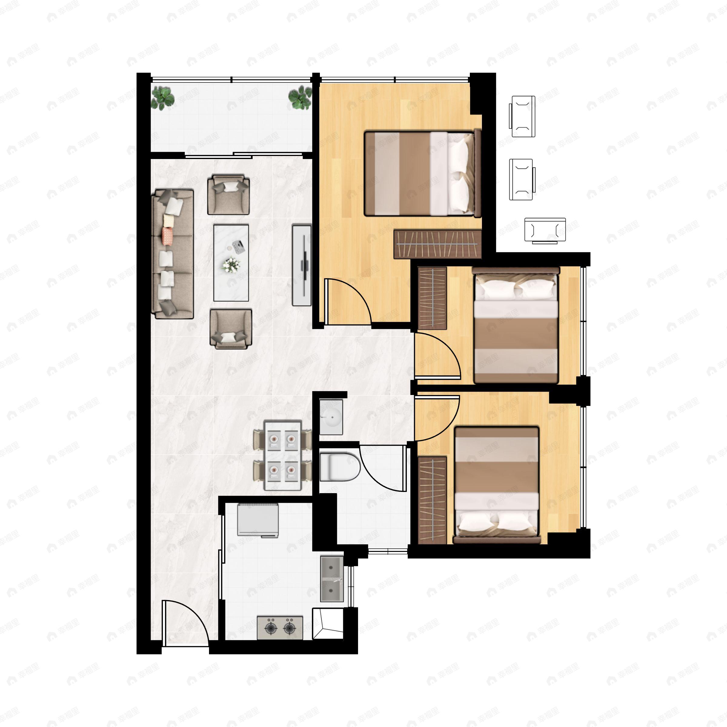 3室2厅1卫建面69m²北户型图