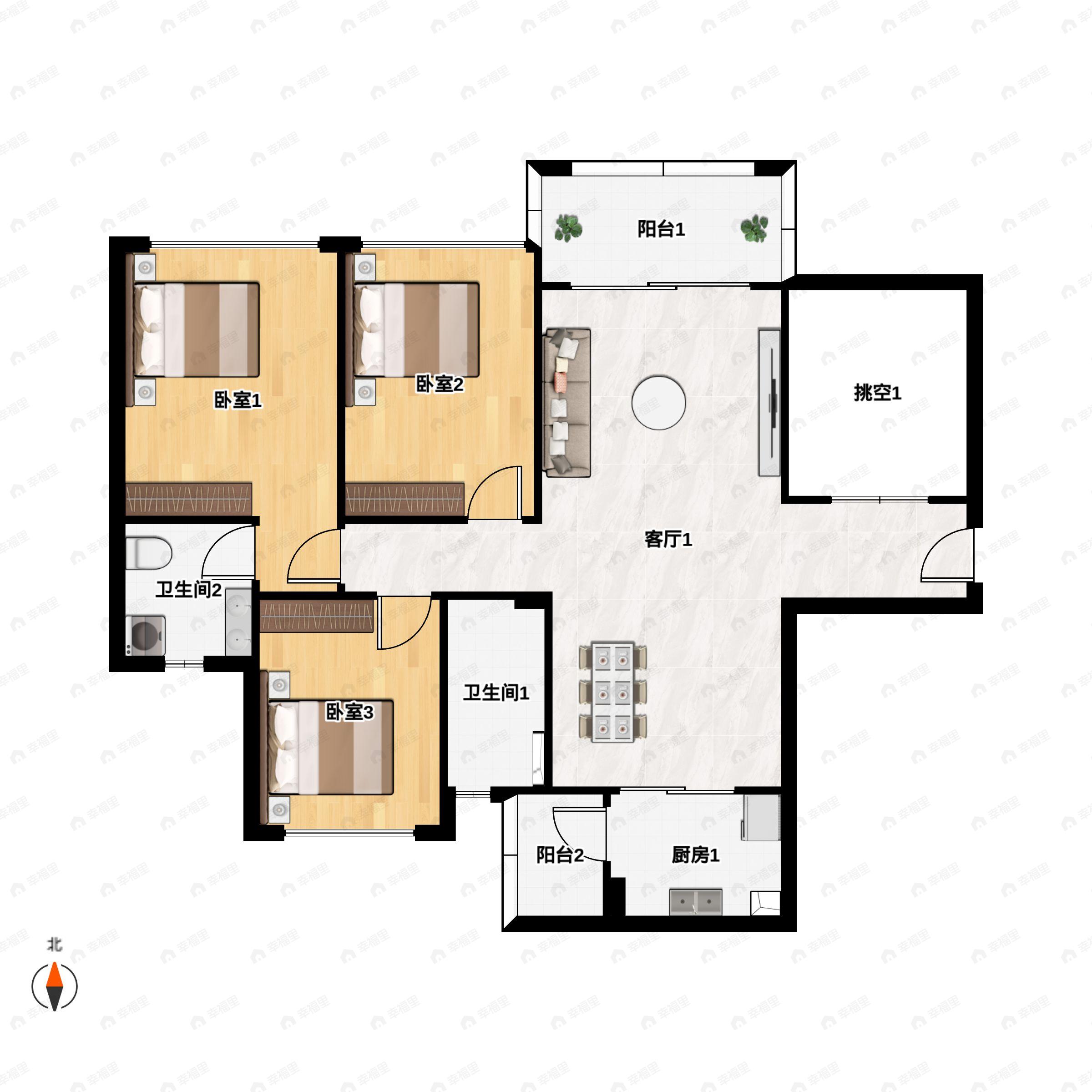 3室2厅2卫建面115m²户型图