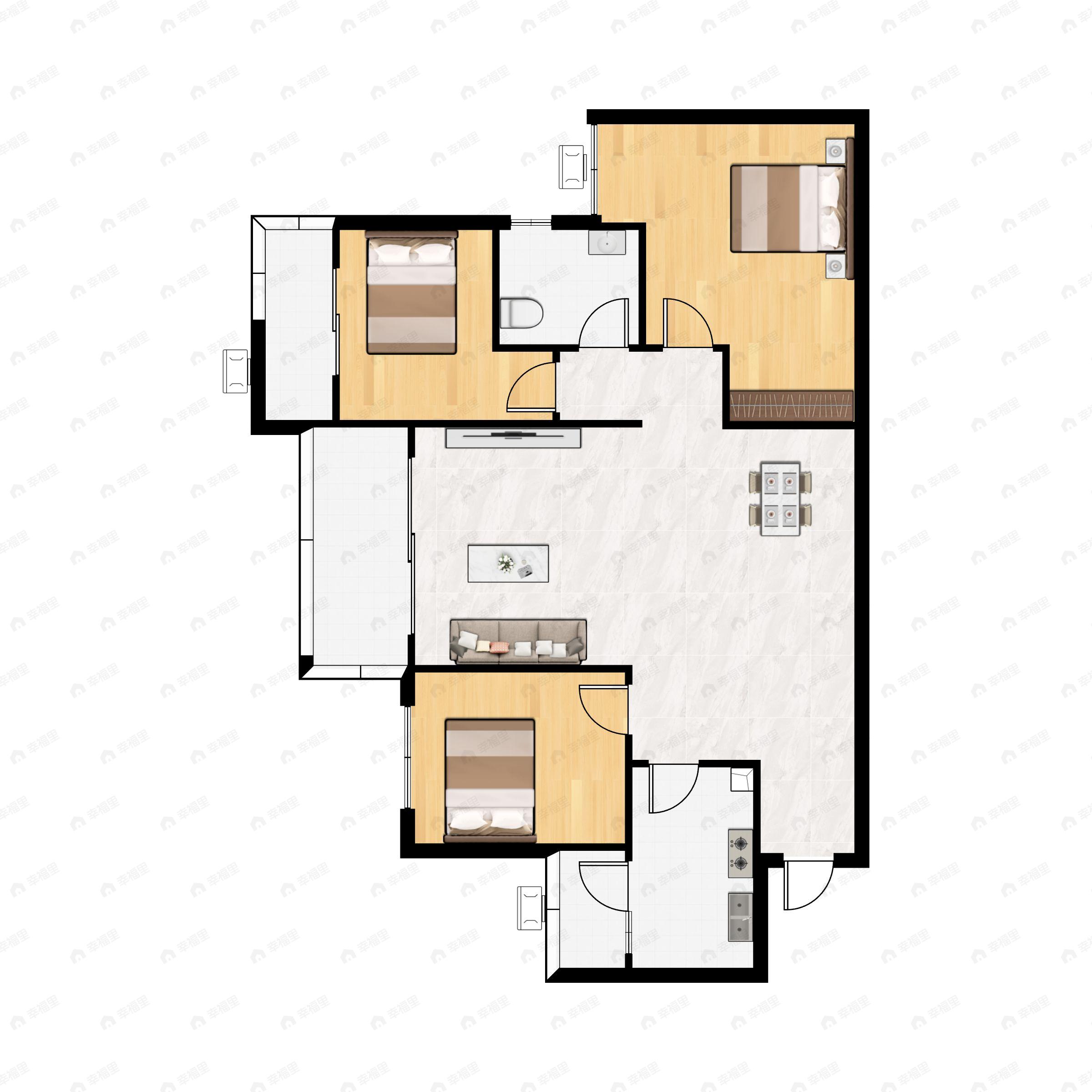 3室2厅1卫建面95m²南户型图