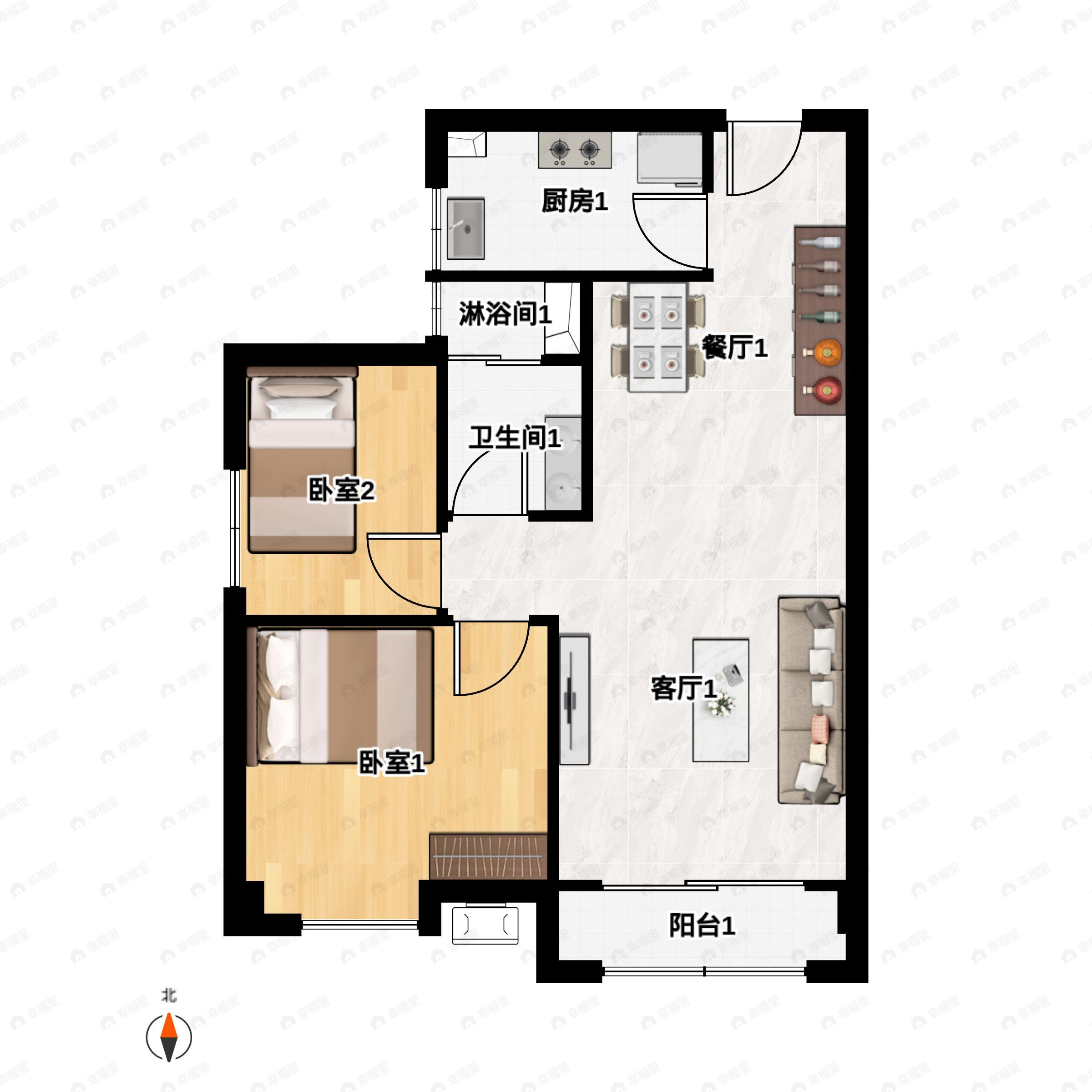2室2厅1卫建面82平南|北户型图