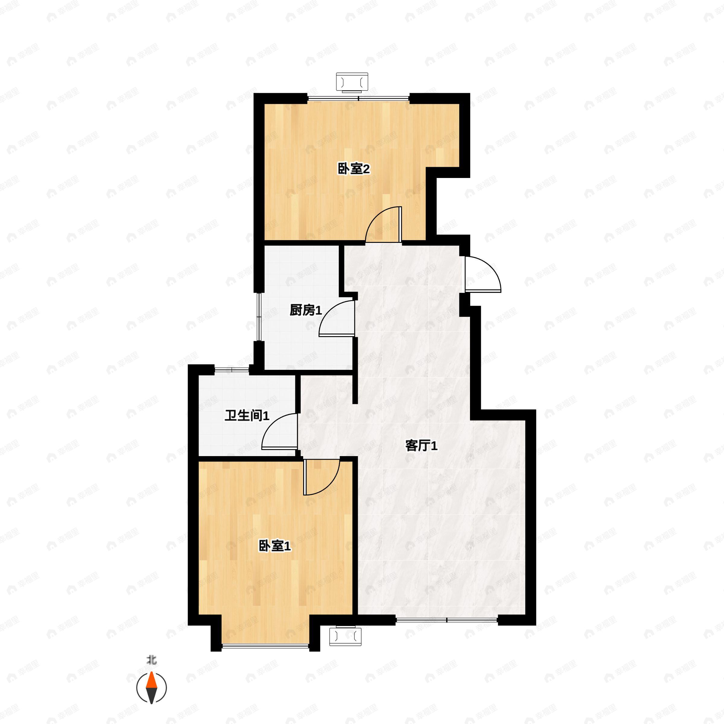 2室2厅1卫建面75m²南户型图
