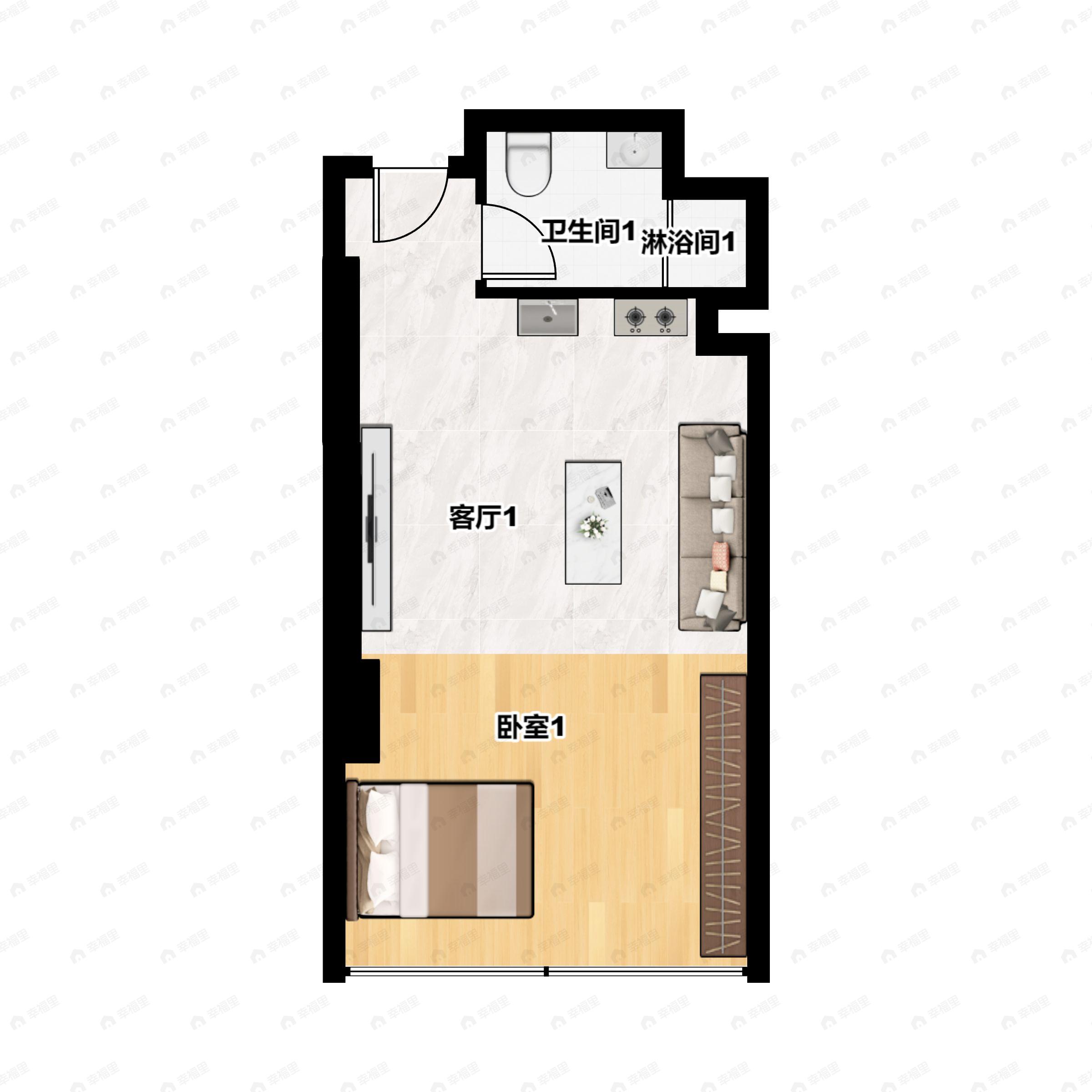 1室1厅1卫建面74平南户型图
