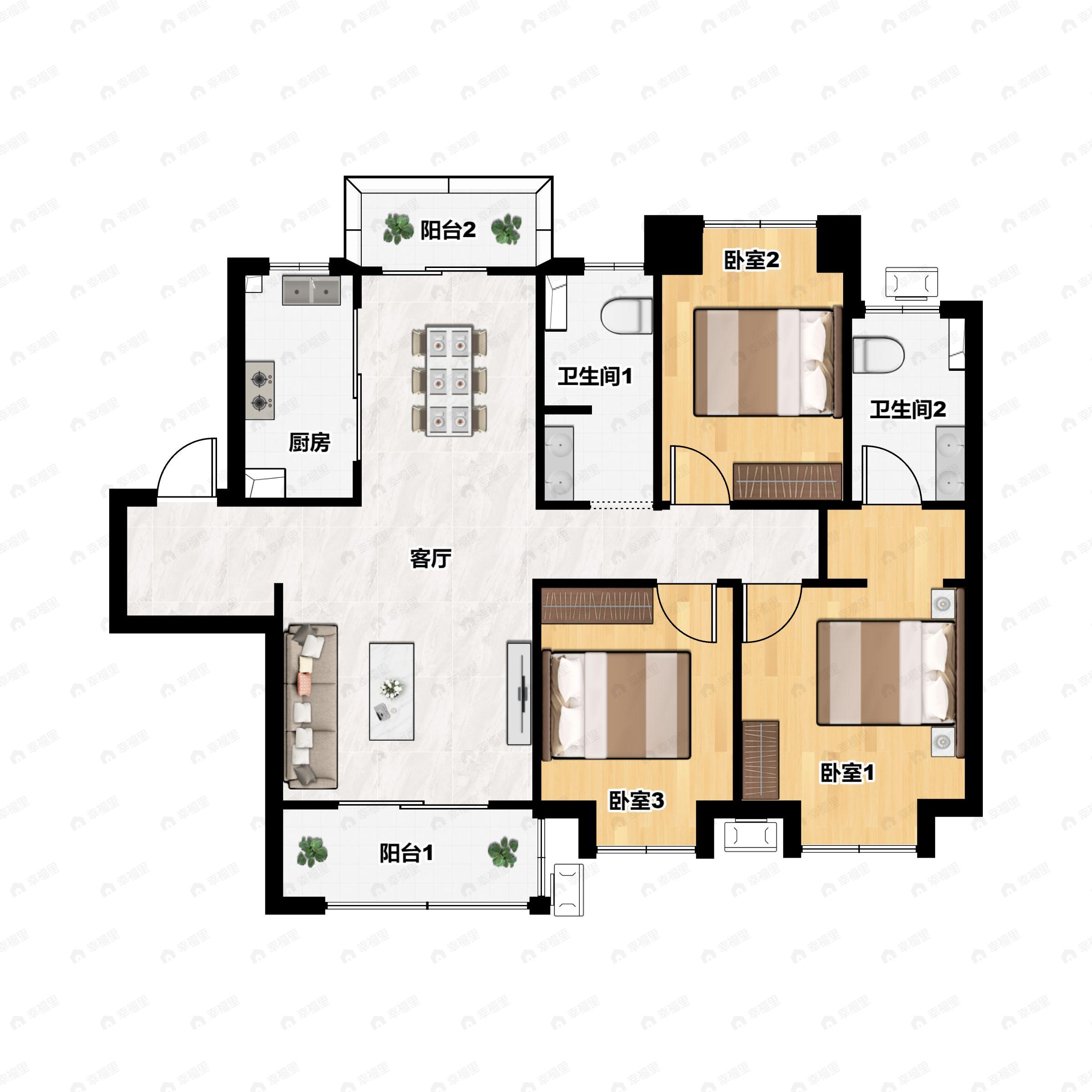 3室2厅2卫建面126平南|北户型图
