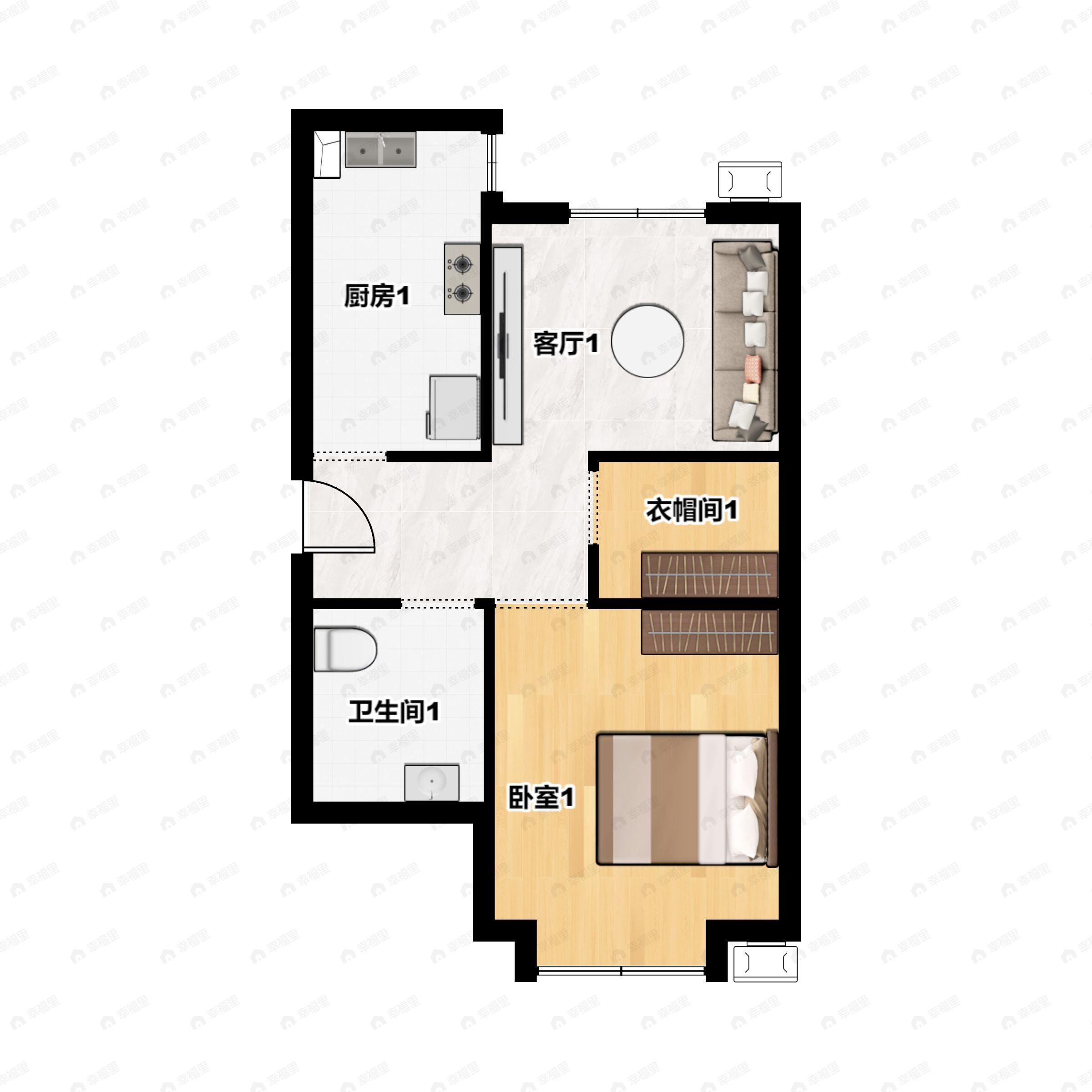 1室1厅1卫建面55m²北|南户型图