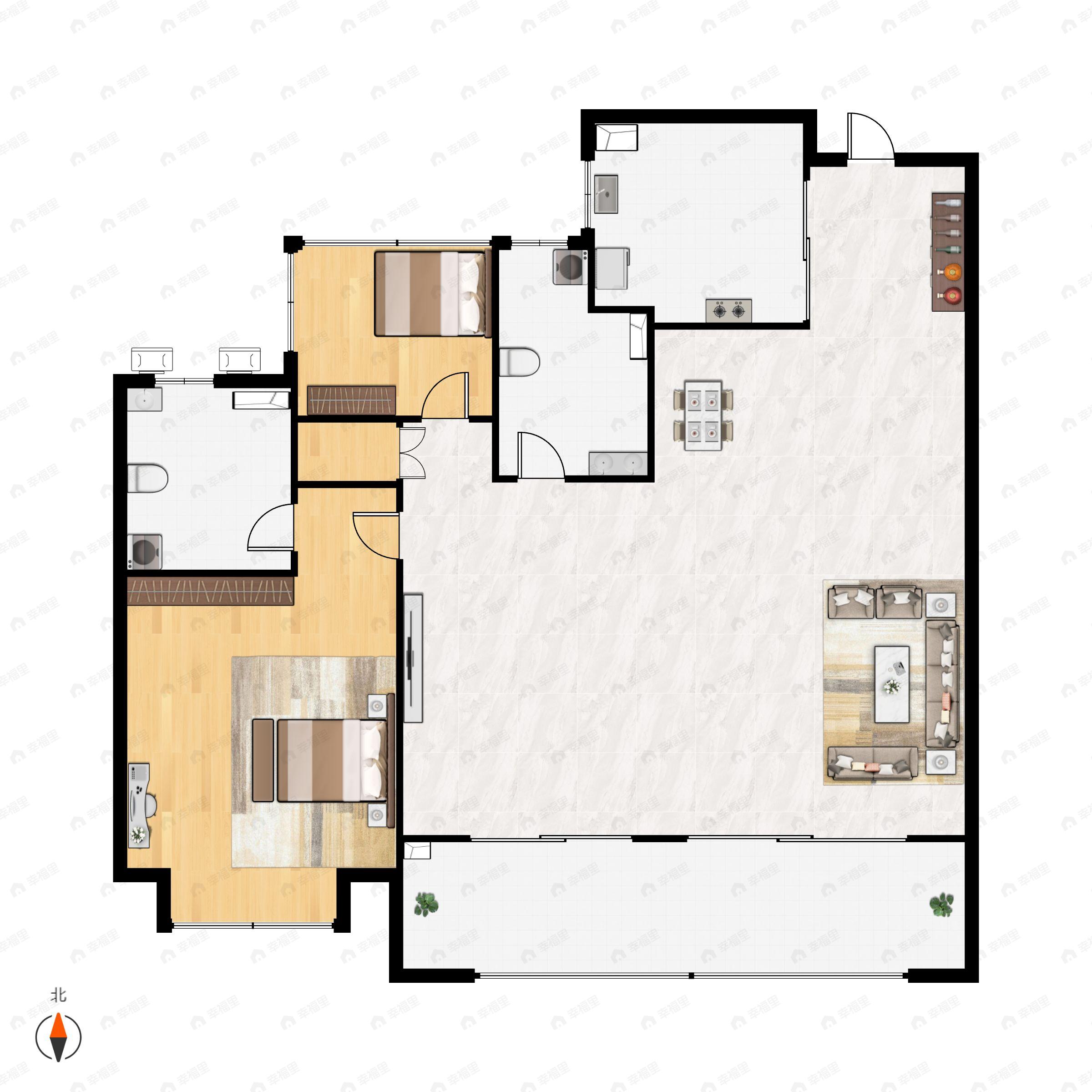 3室2厅2卫建面98m²北|南户型图