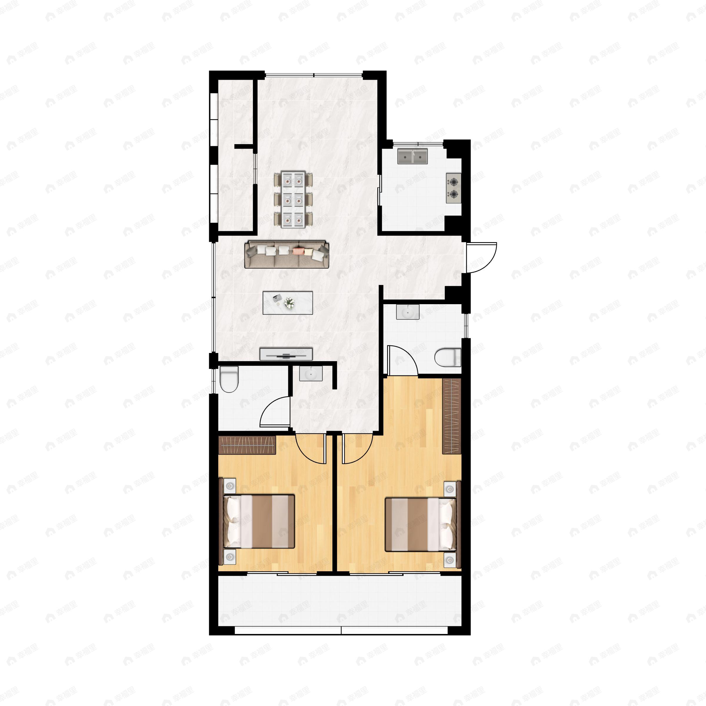 2室2厅2卫建面95平南户型图