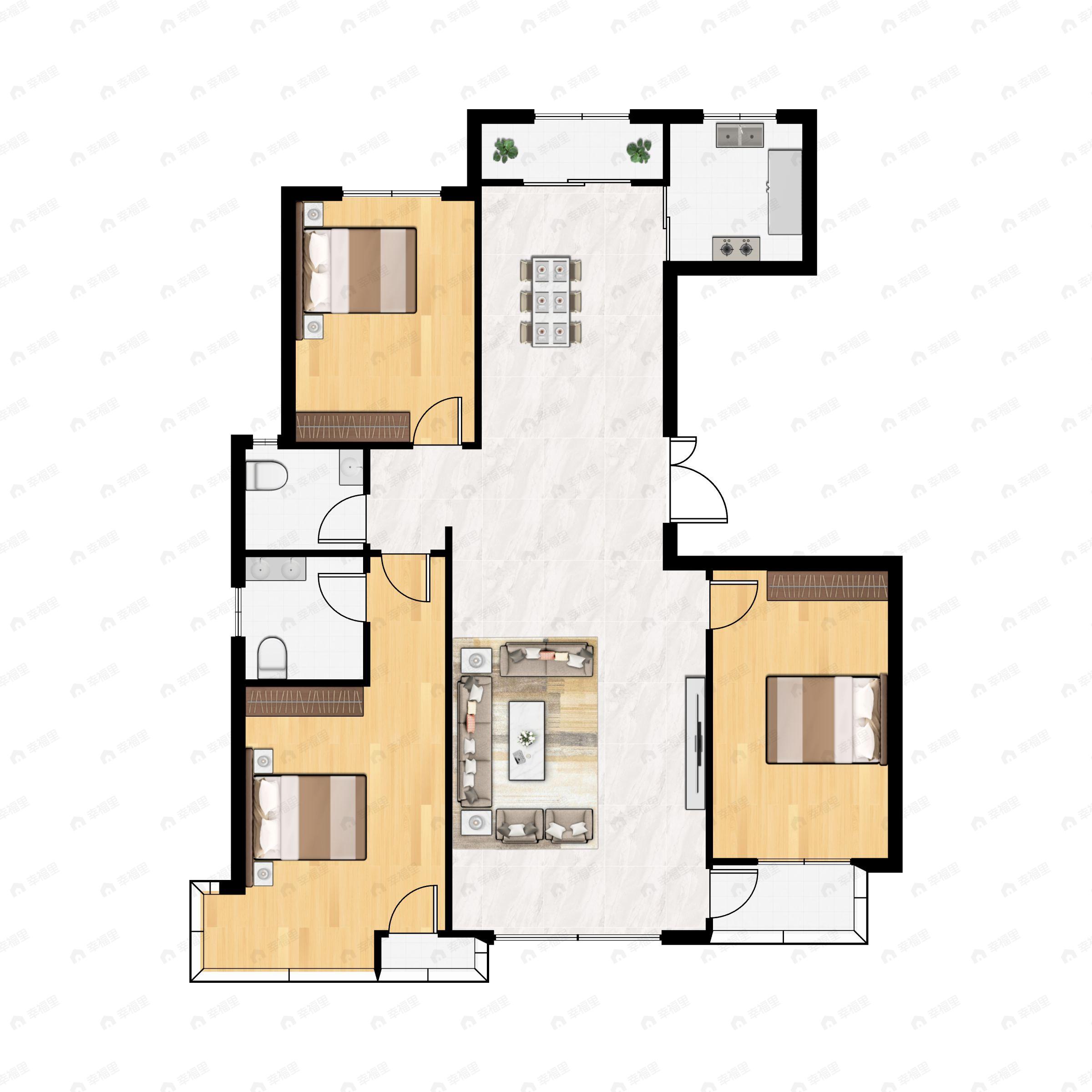 3室2厅2卫建面138m²南户型图