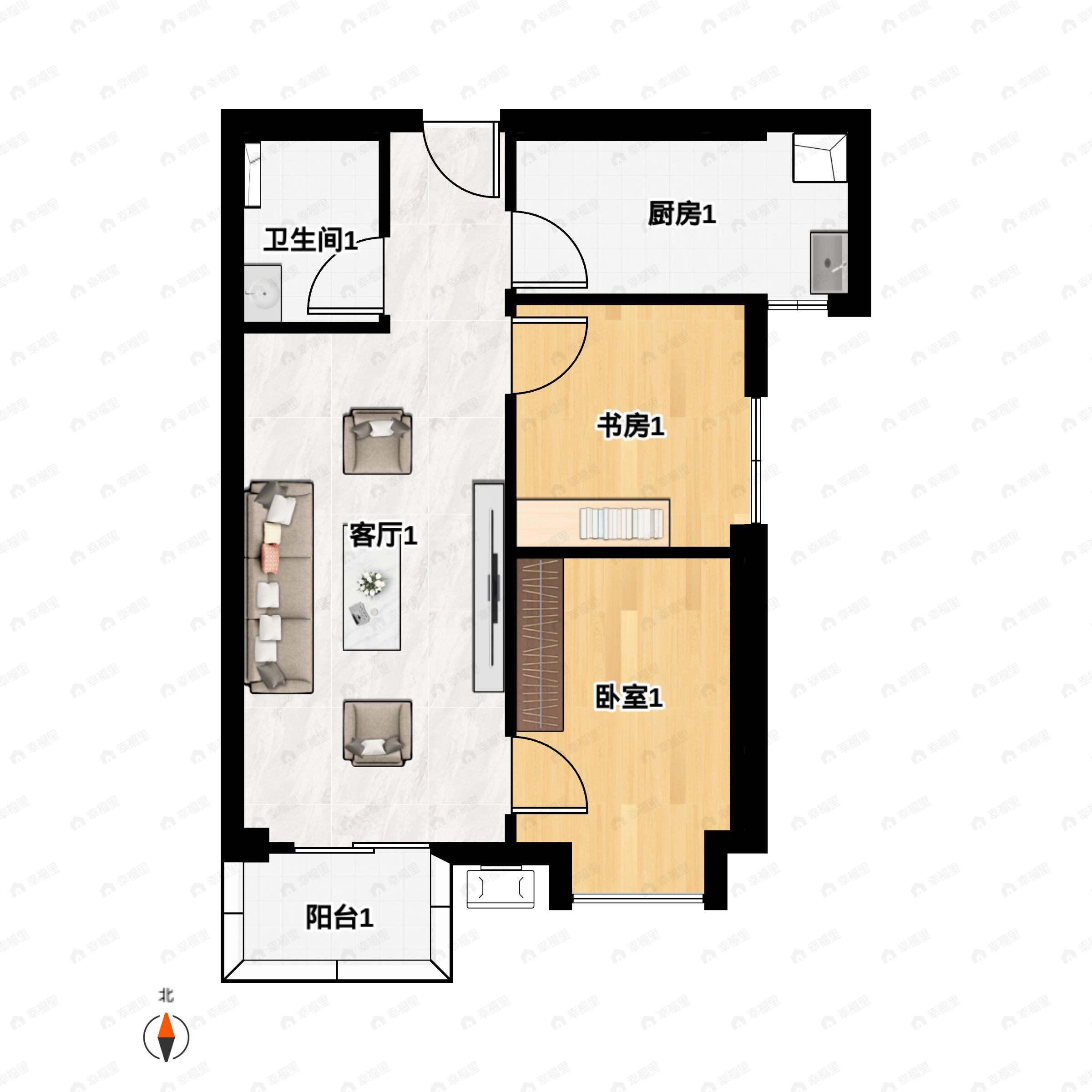 2室2厅1卫建面74m²西南户型图
