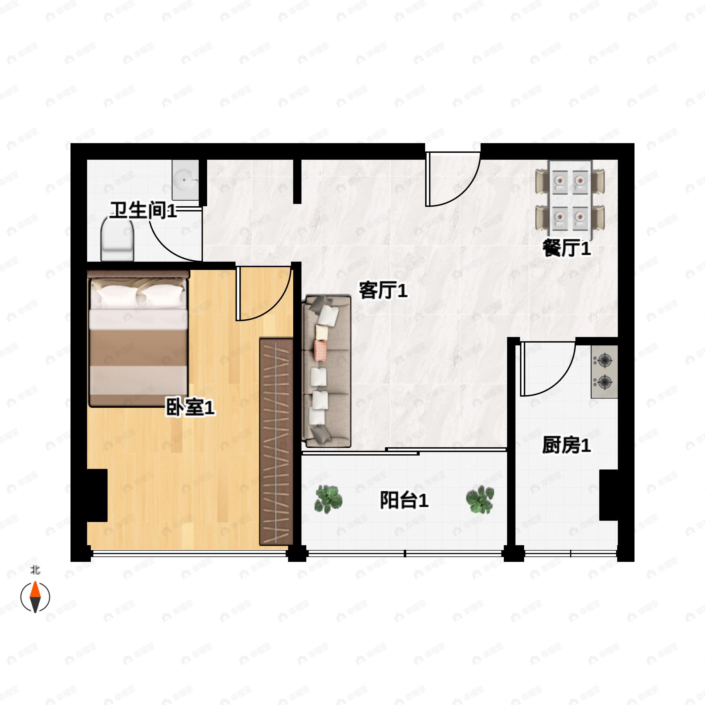 1室2厅1卫建面72m²南户型图