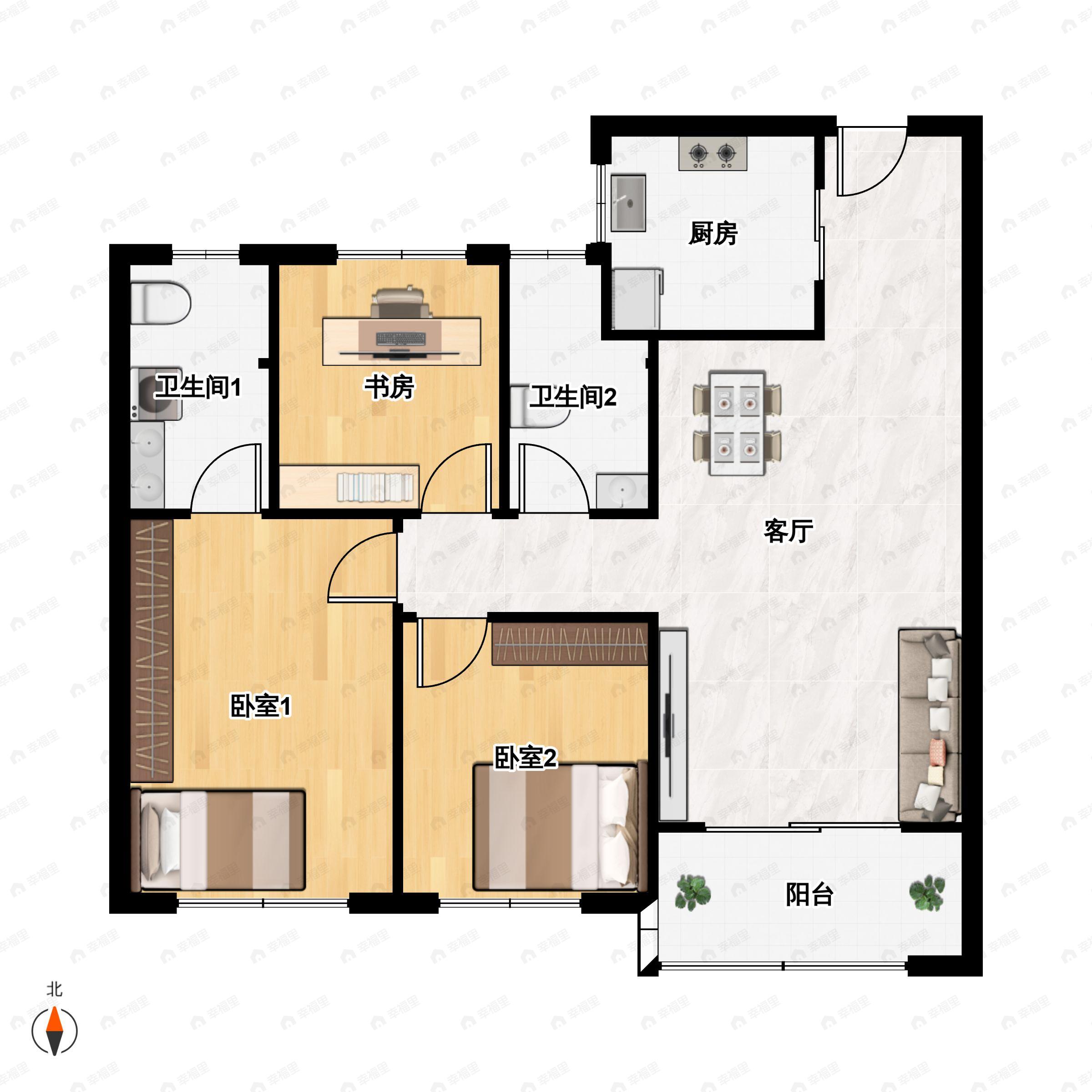 3室2厅2卫建面99m²南户型图