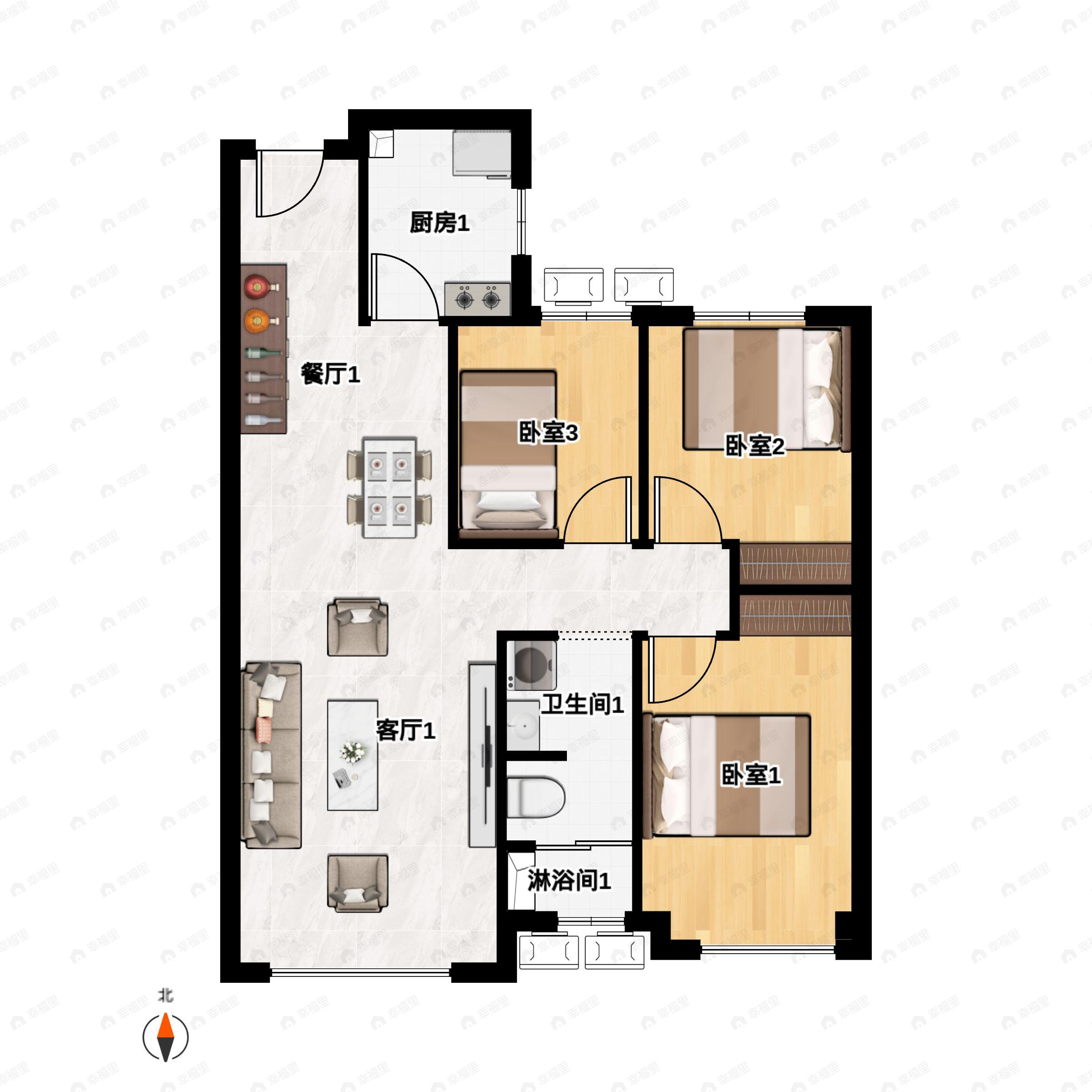 3室2厅1卫建面96平户型图