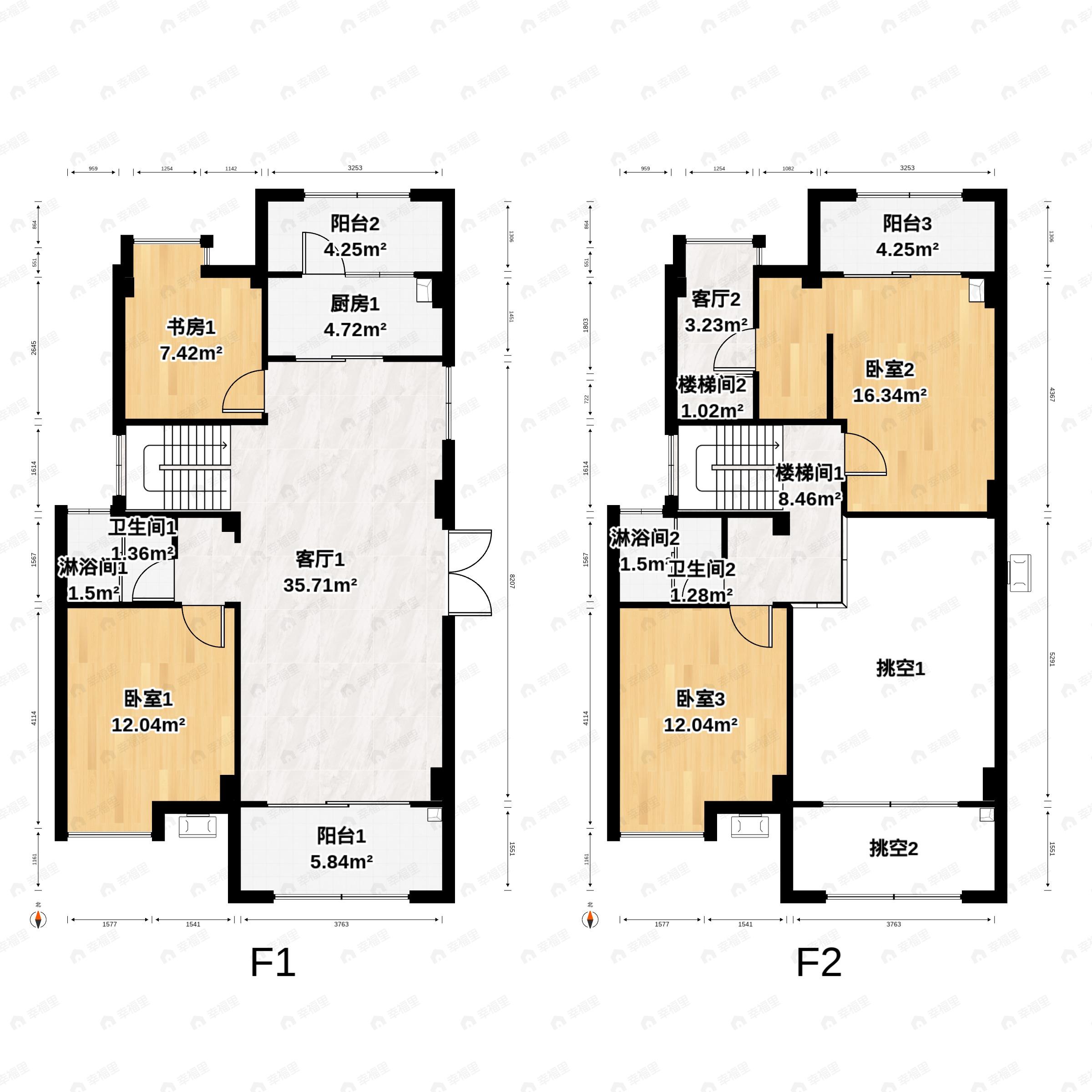 3室2厅3卫建面142平北|南户型图
