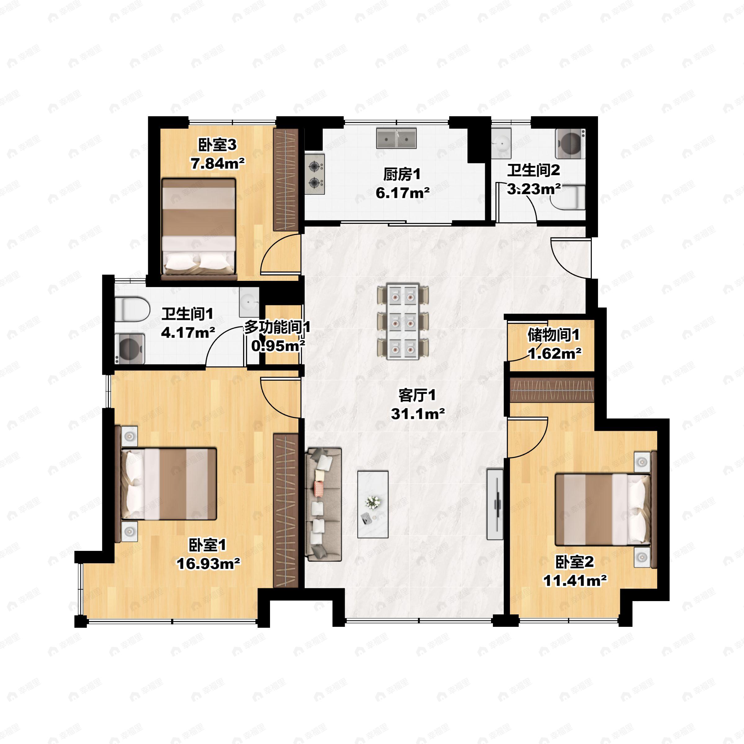 3室2厅2卫建面108平南户型图