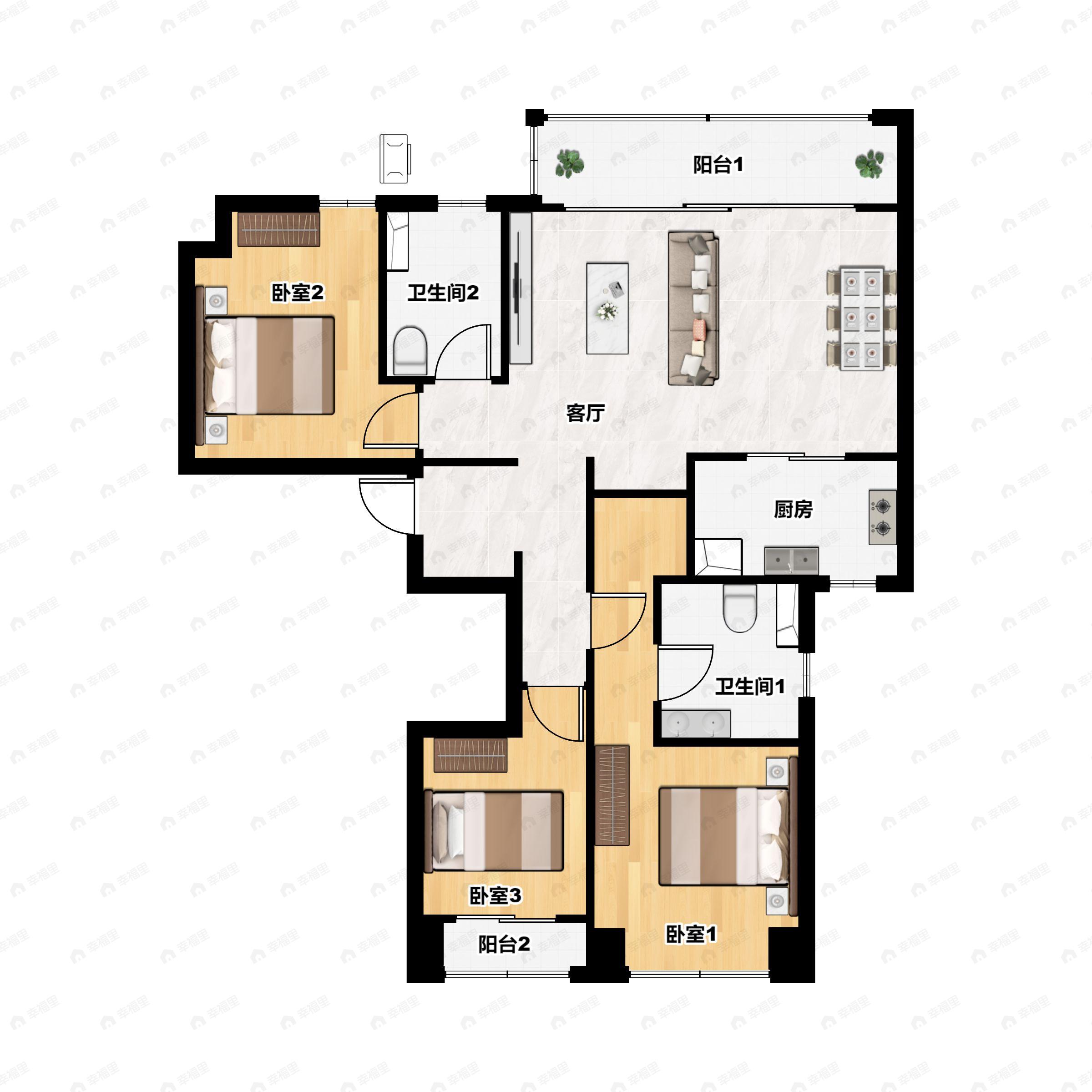 3室2厅2卫建面140m²北|南户型图