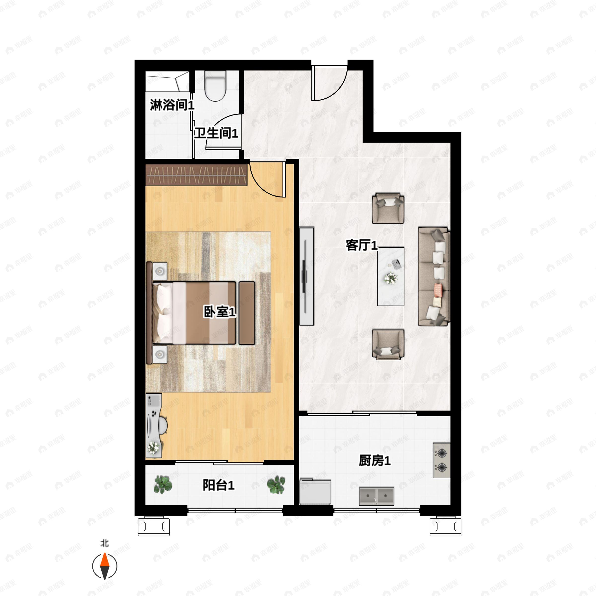 1室2厅1卫建面66m²南户型图