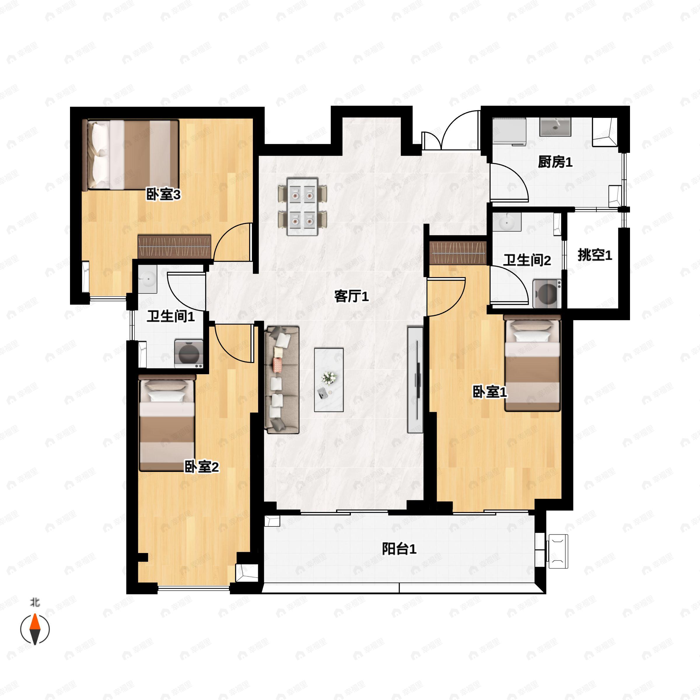 3室2厅2卫建面123平户型图