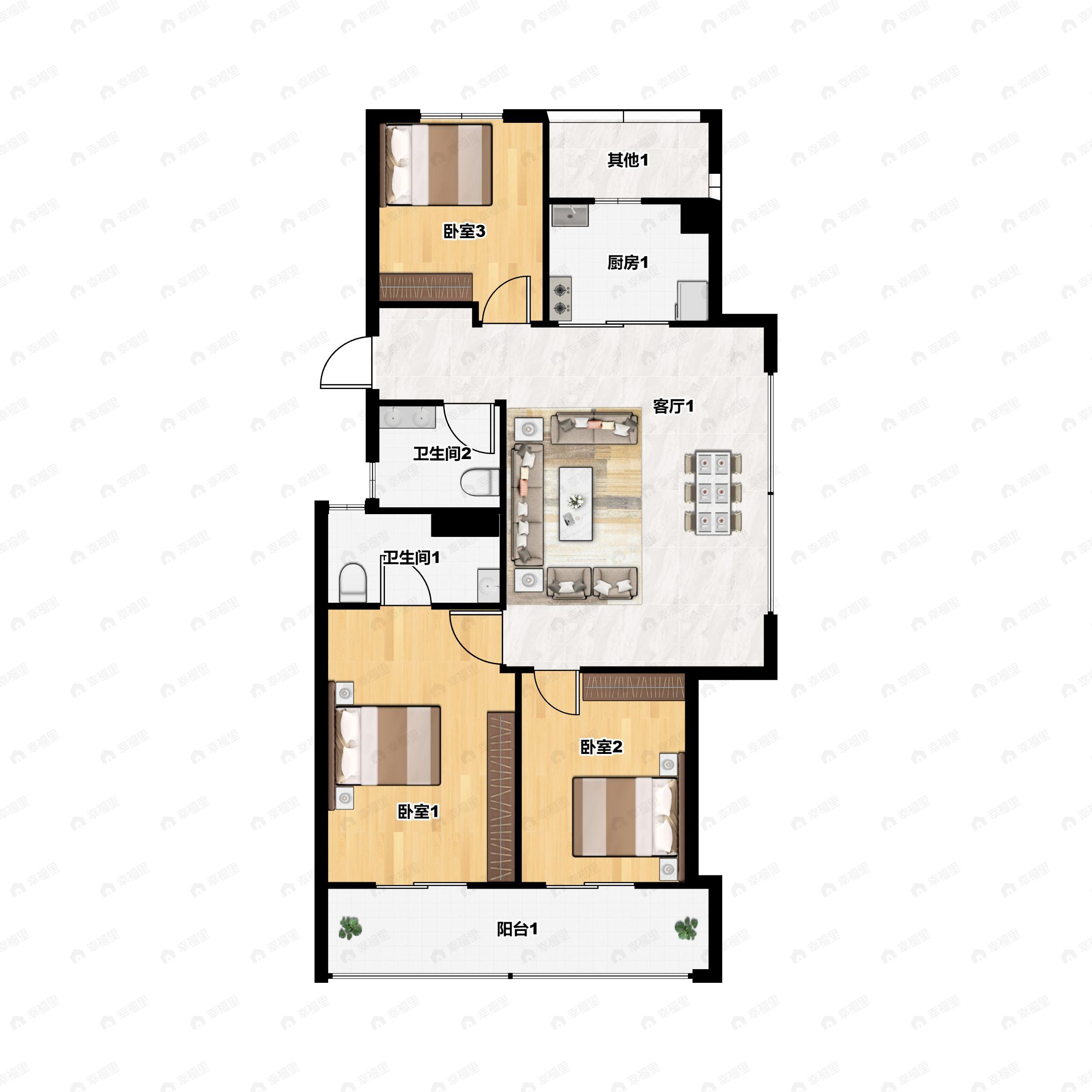 3室2厅2卫建面110m²南户型图