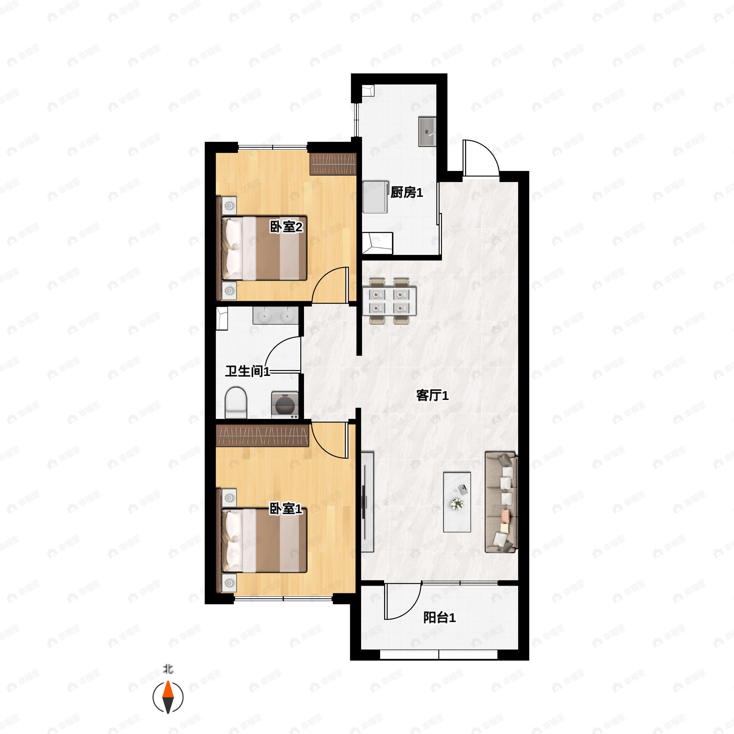 2室2厅1卫建面92m²南|北户型图