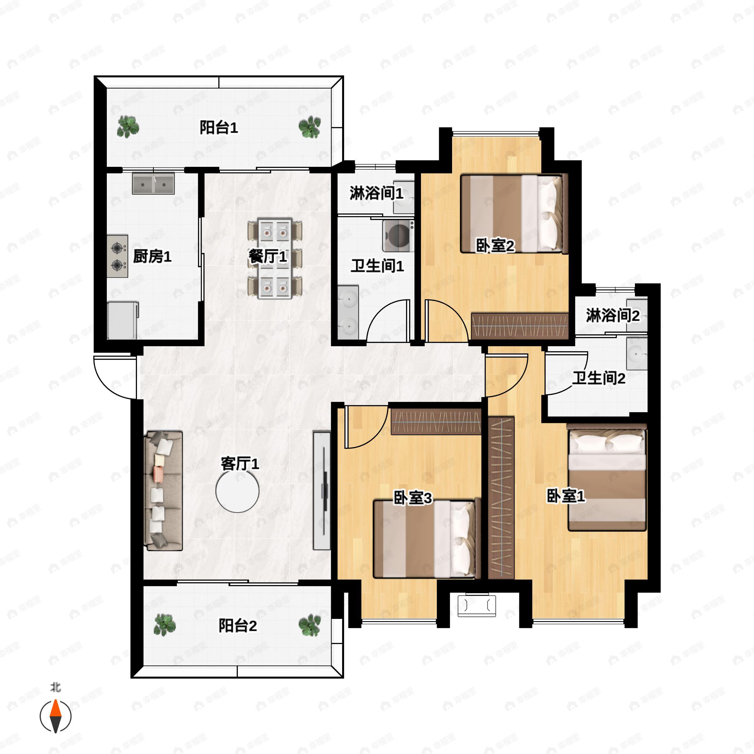 3室2厅2卫建面115平南户型图