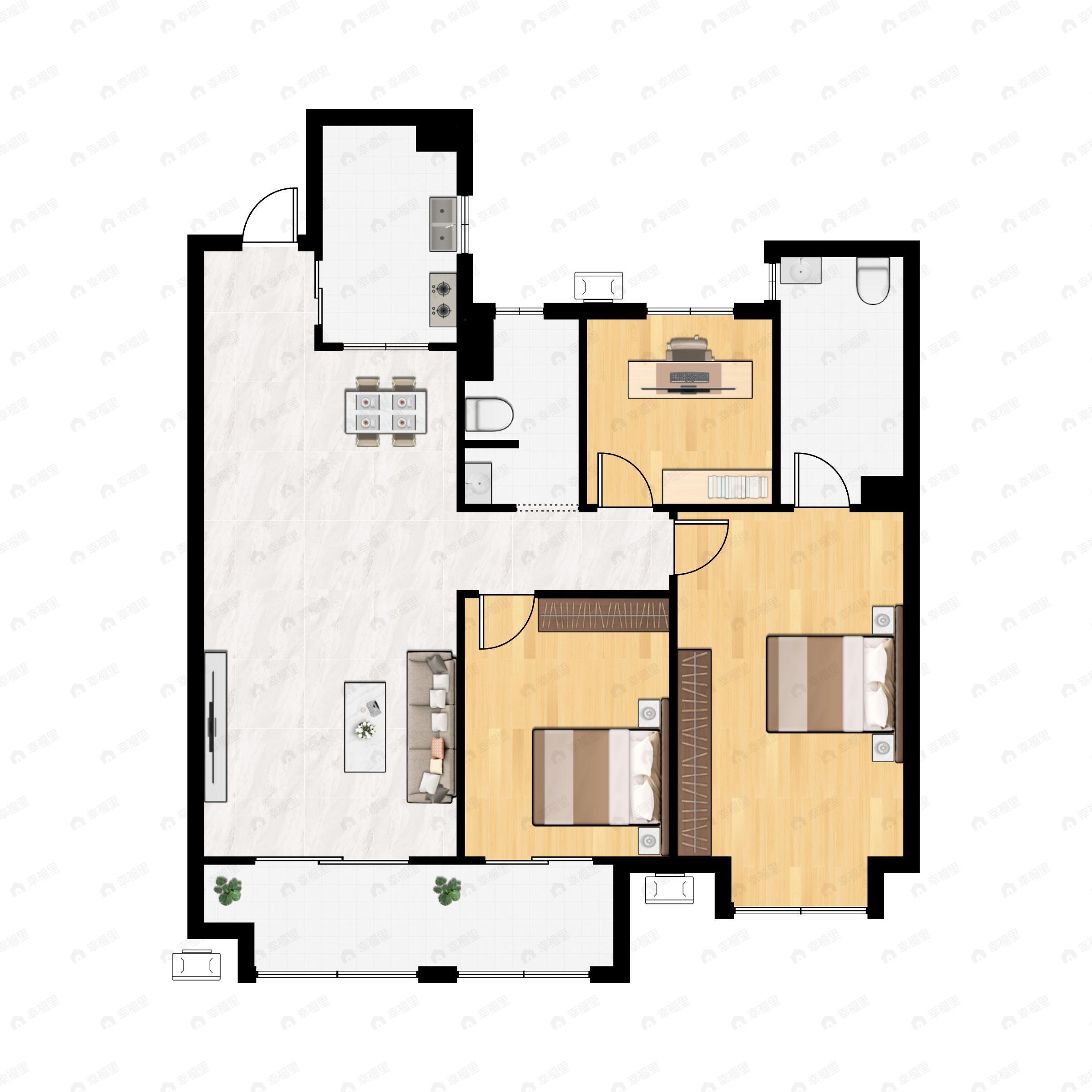 3室2厅2卫建面102m²南户型图