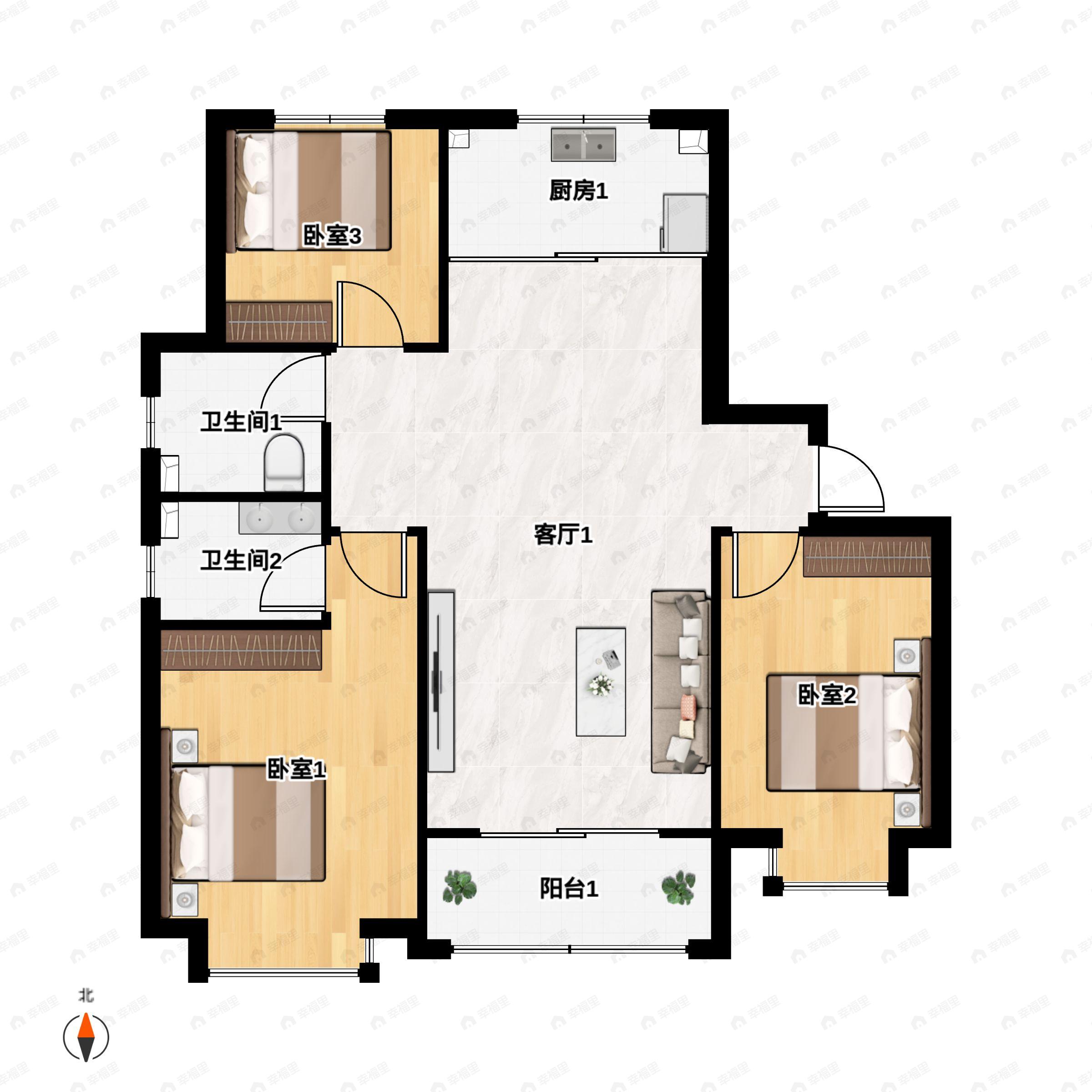 3室2厅2卫建面125平户型图