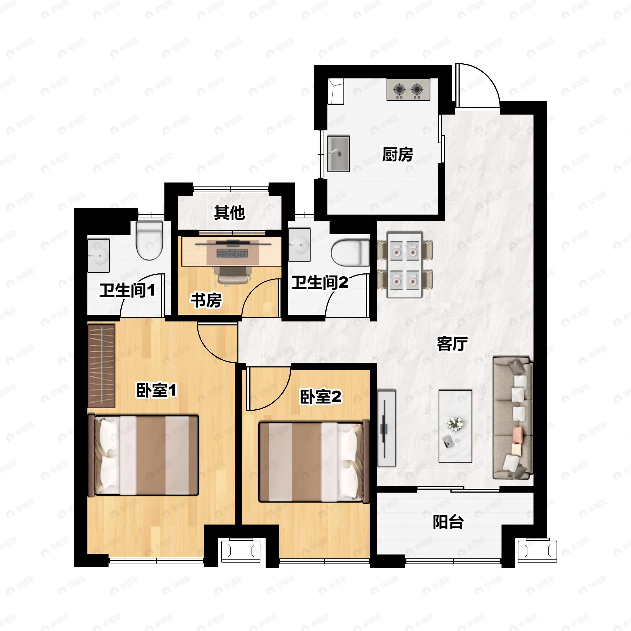 3室2厅2卫建面89平户型图
