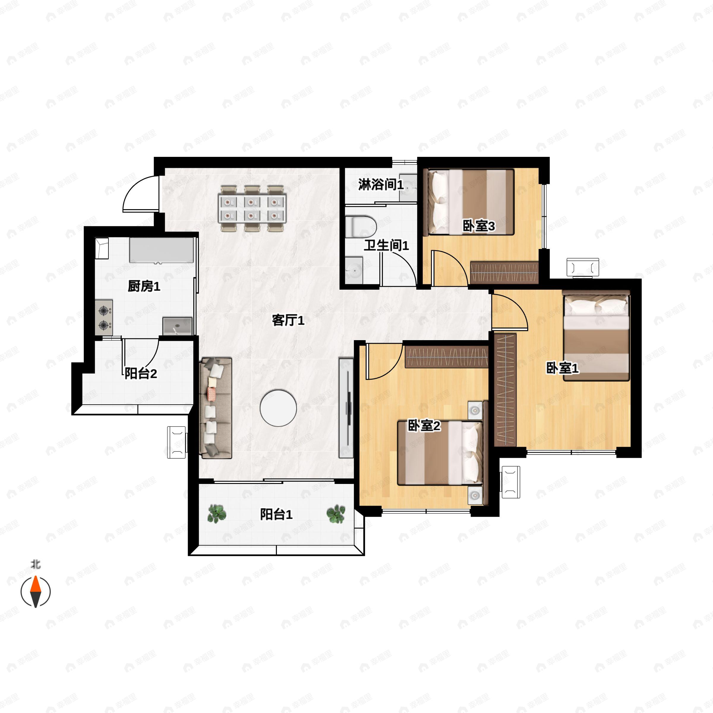 3室2厅1卫建面76m²南户型图