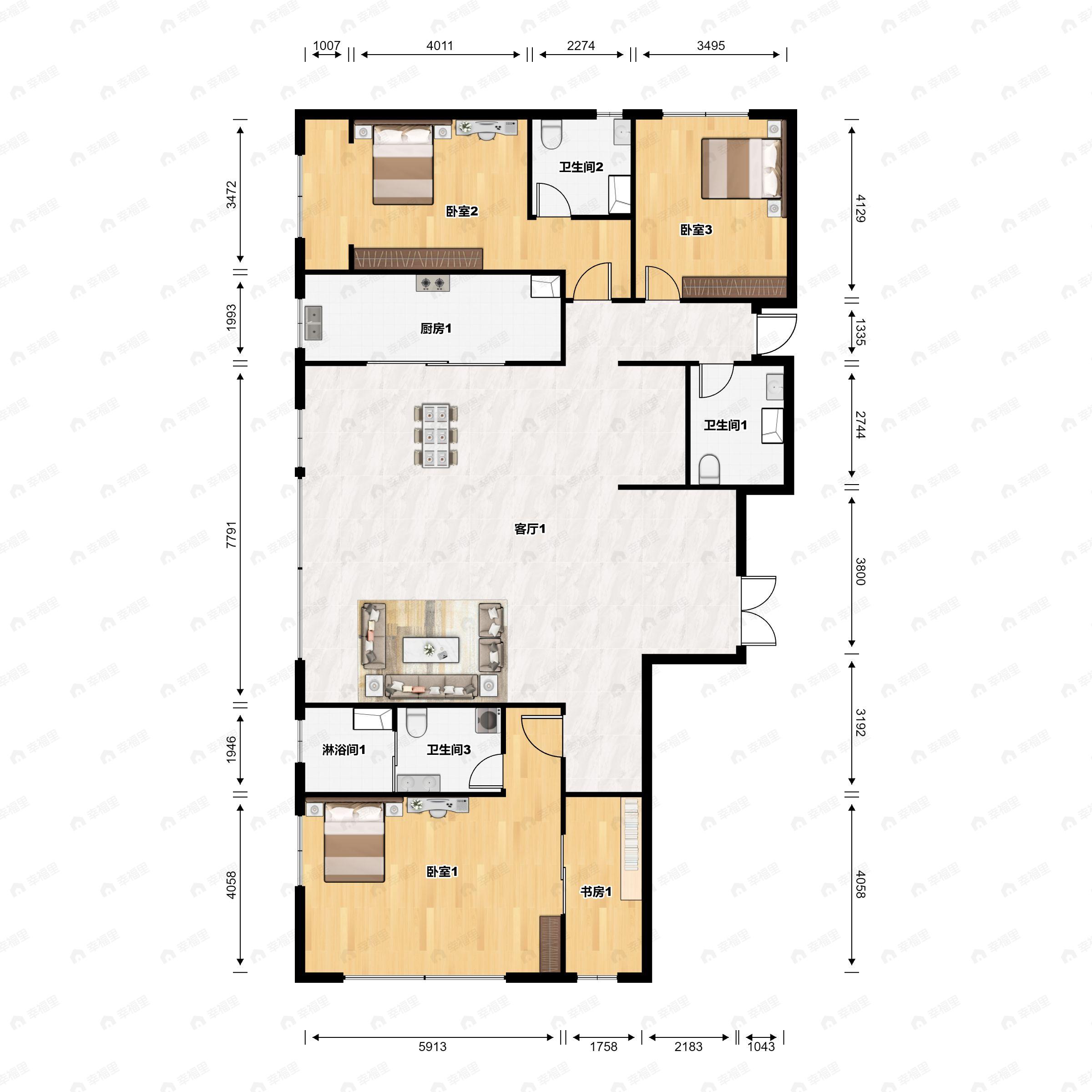 3室2厅3卫建面305平户型图