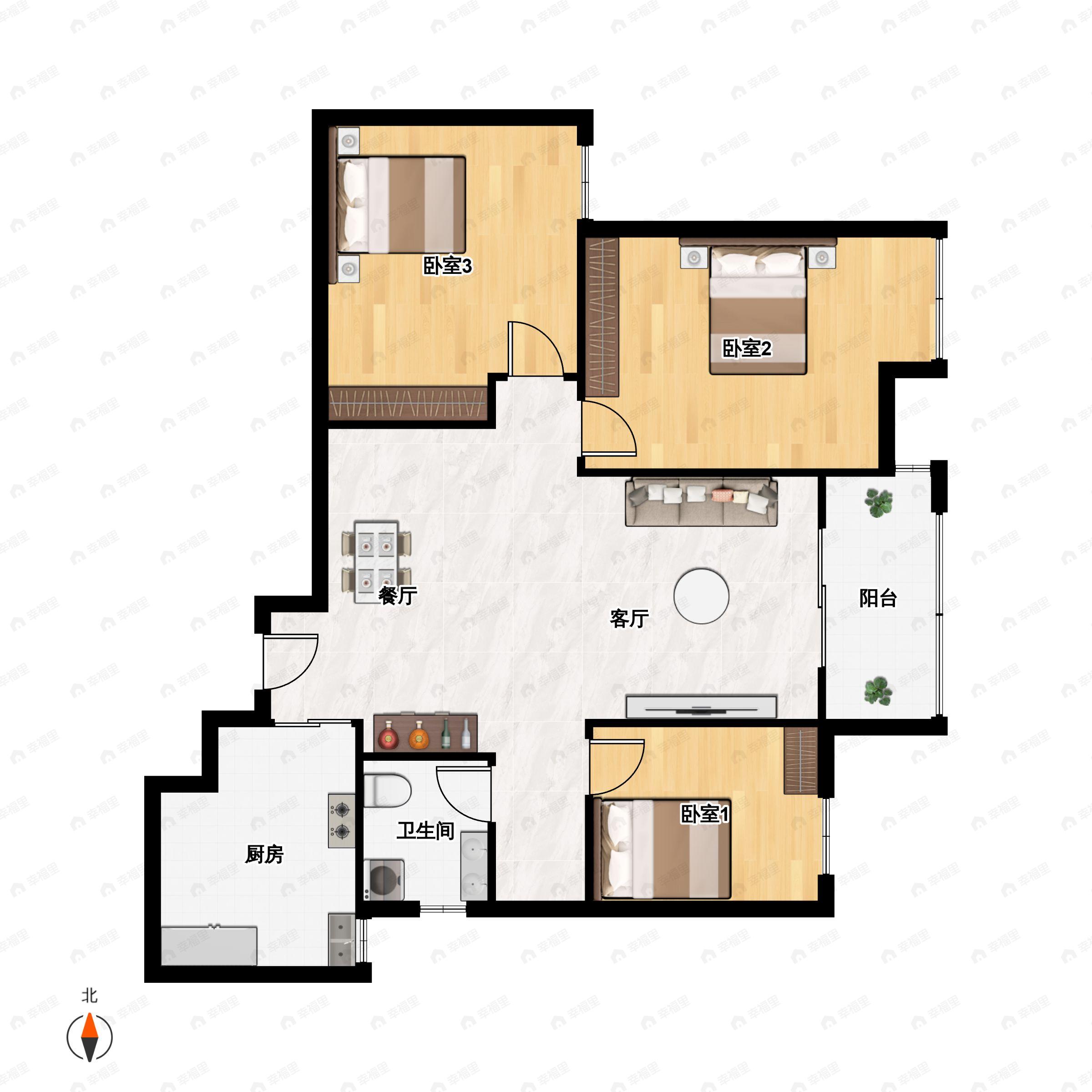 3室2厅1卫建面93平户型图