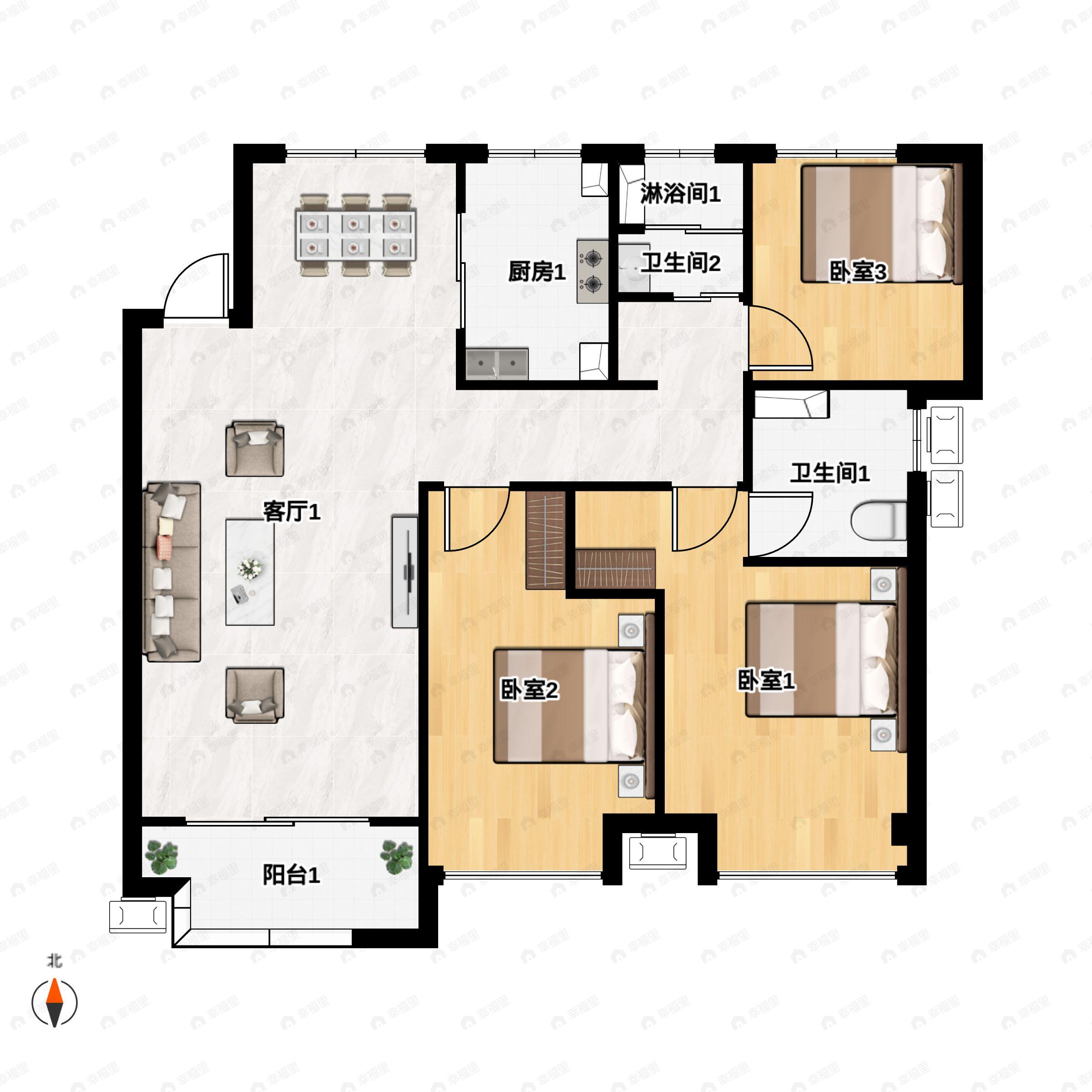 3室2厅2卫建面110平南户型图