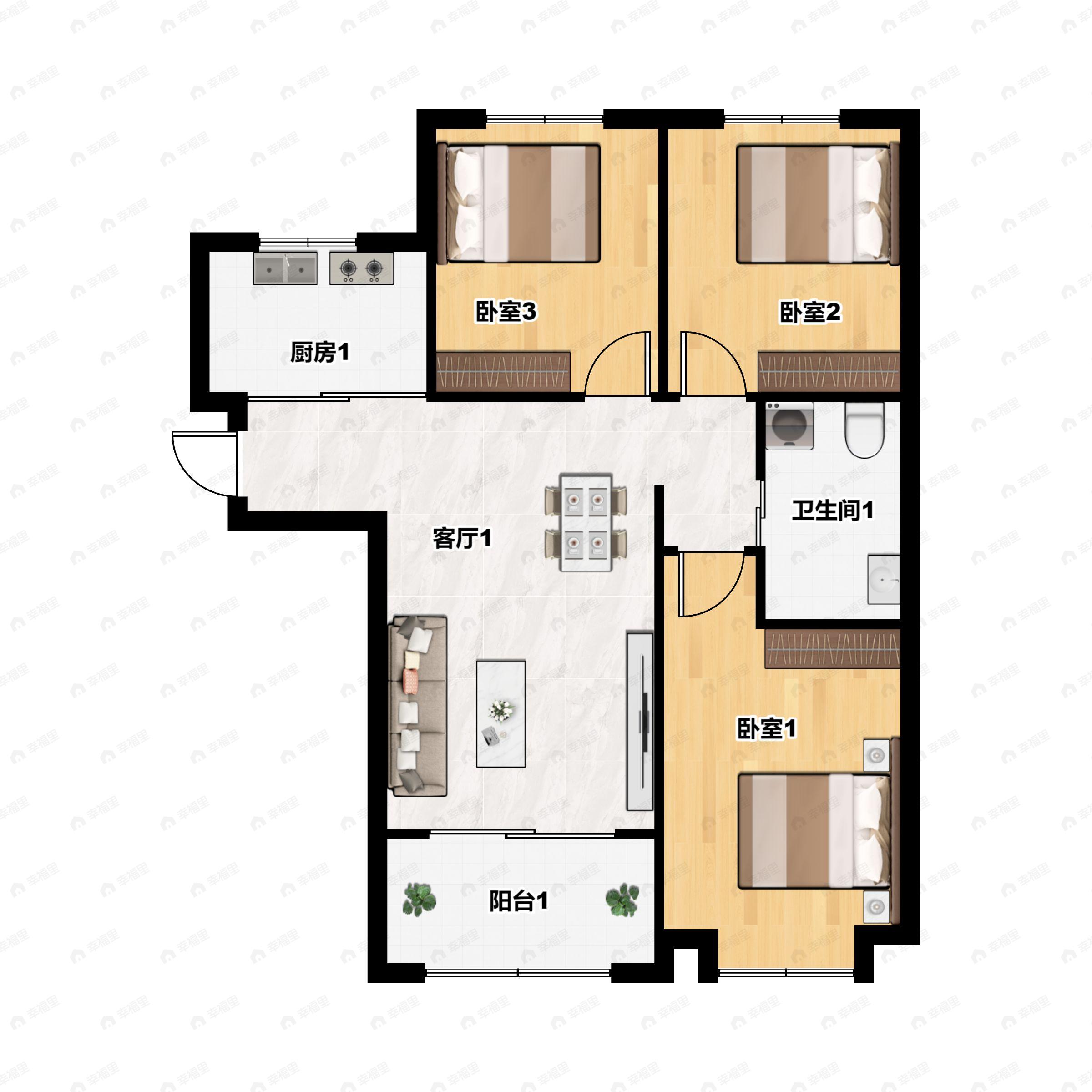3室2厅1卫建面102平南户型图