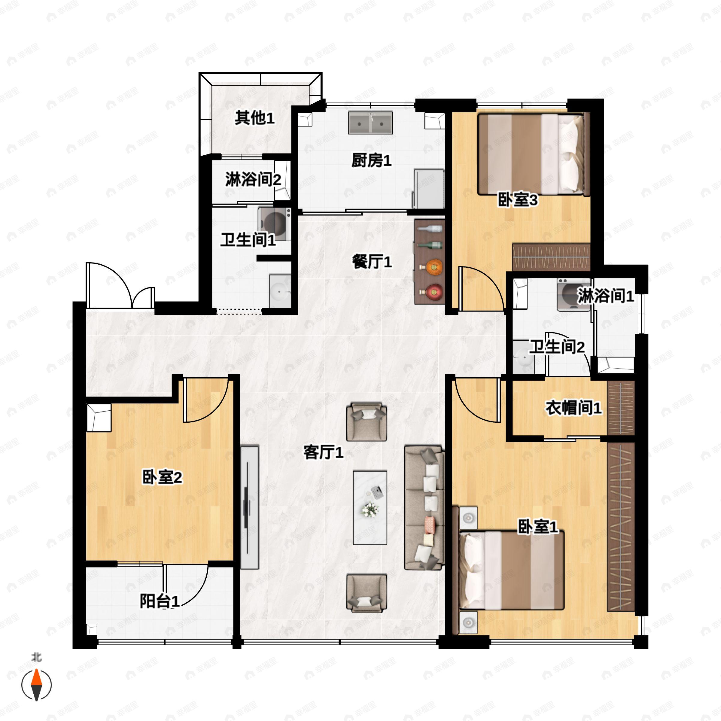 3室2厅2卫建面120平户型图