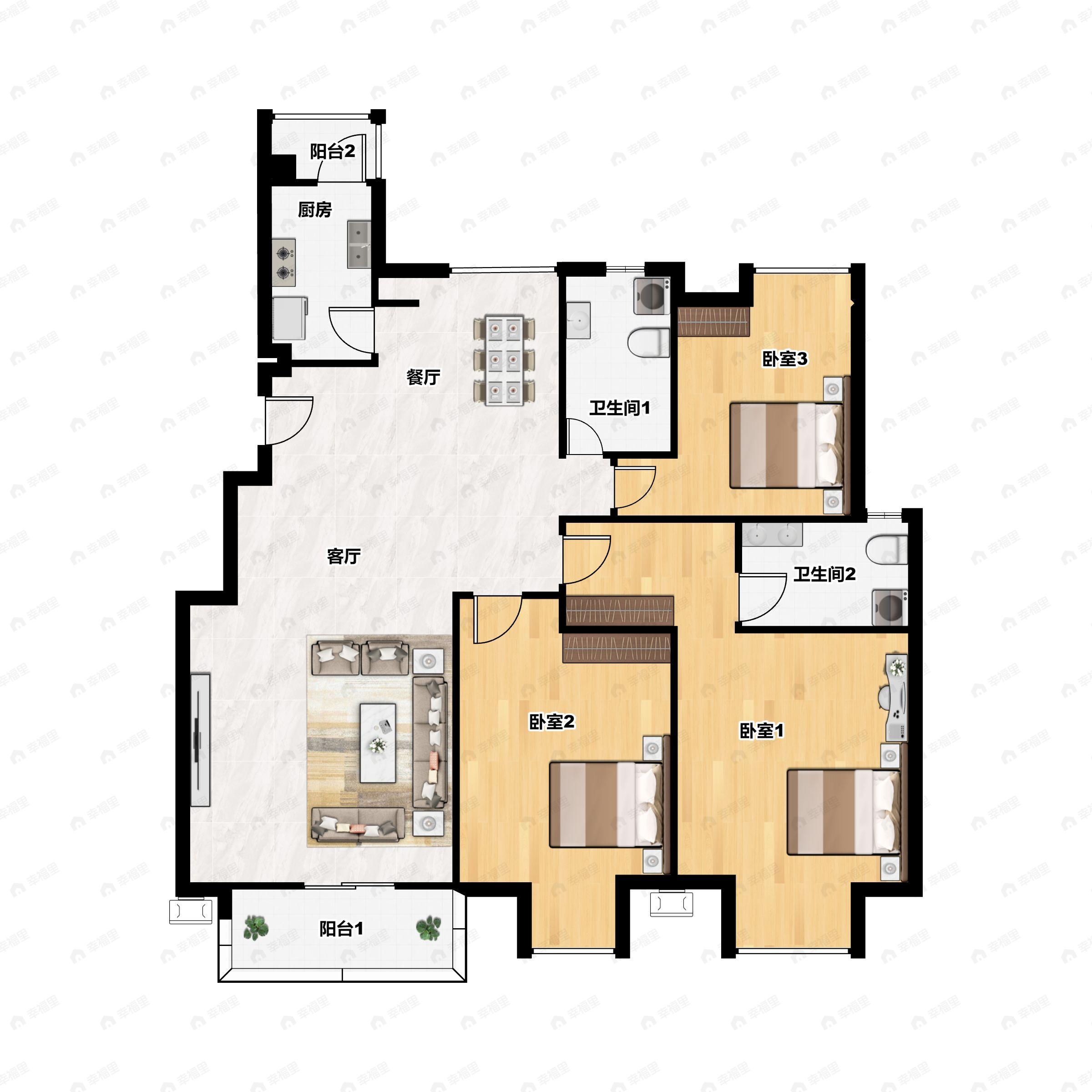 3室2厅2卫建面126平南户型图