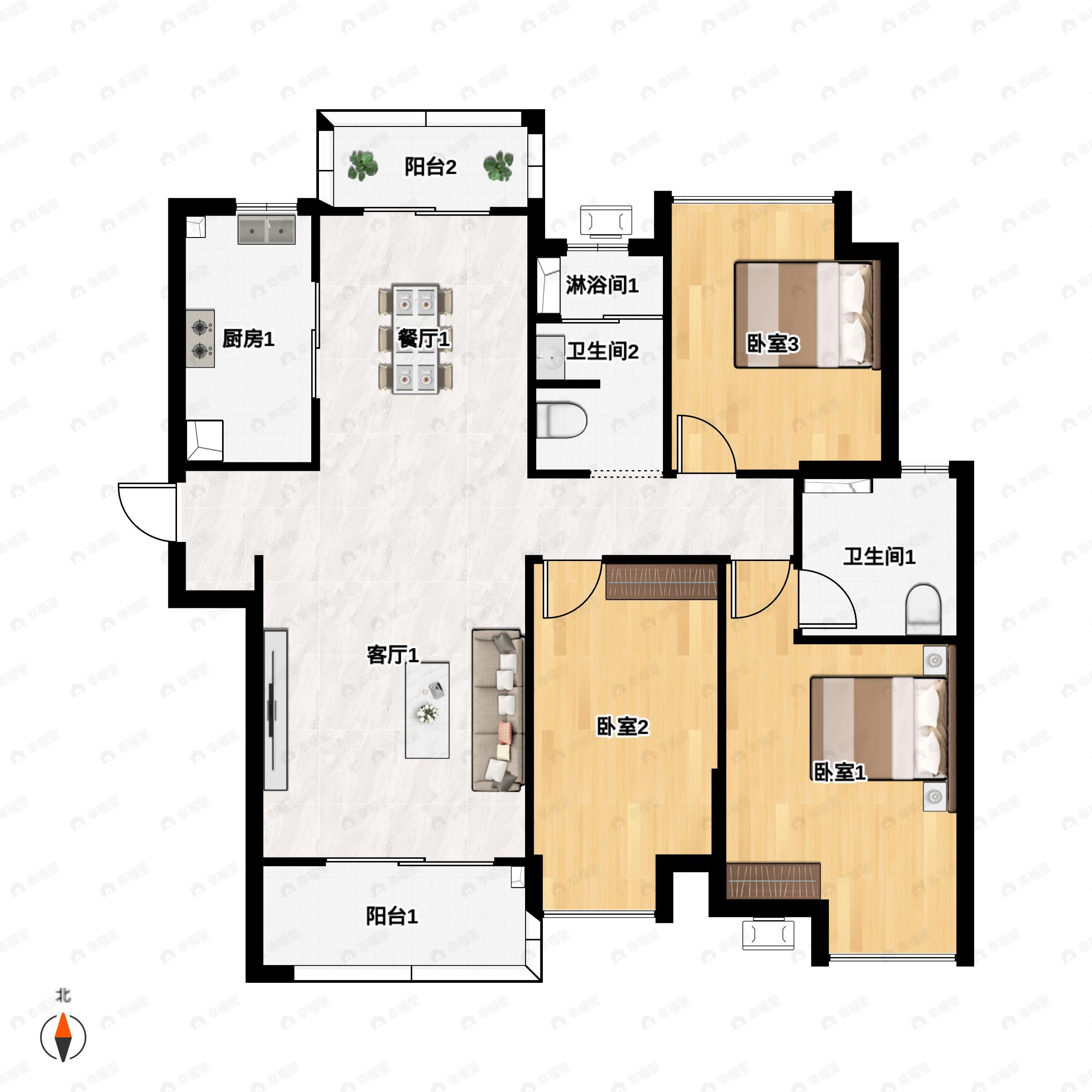 3室2厅2卫建面125m²南户型图