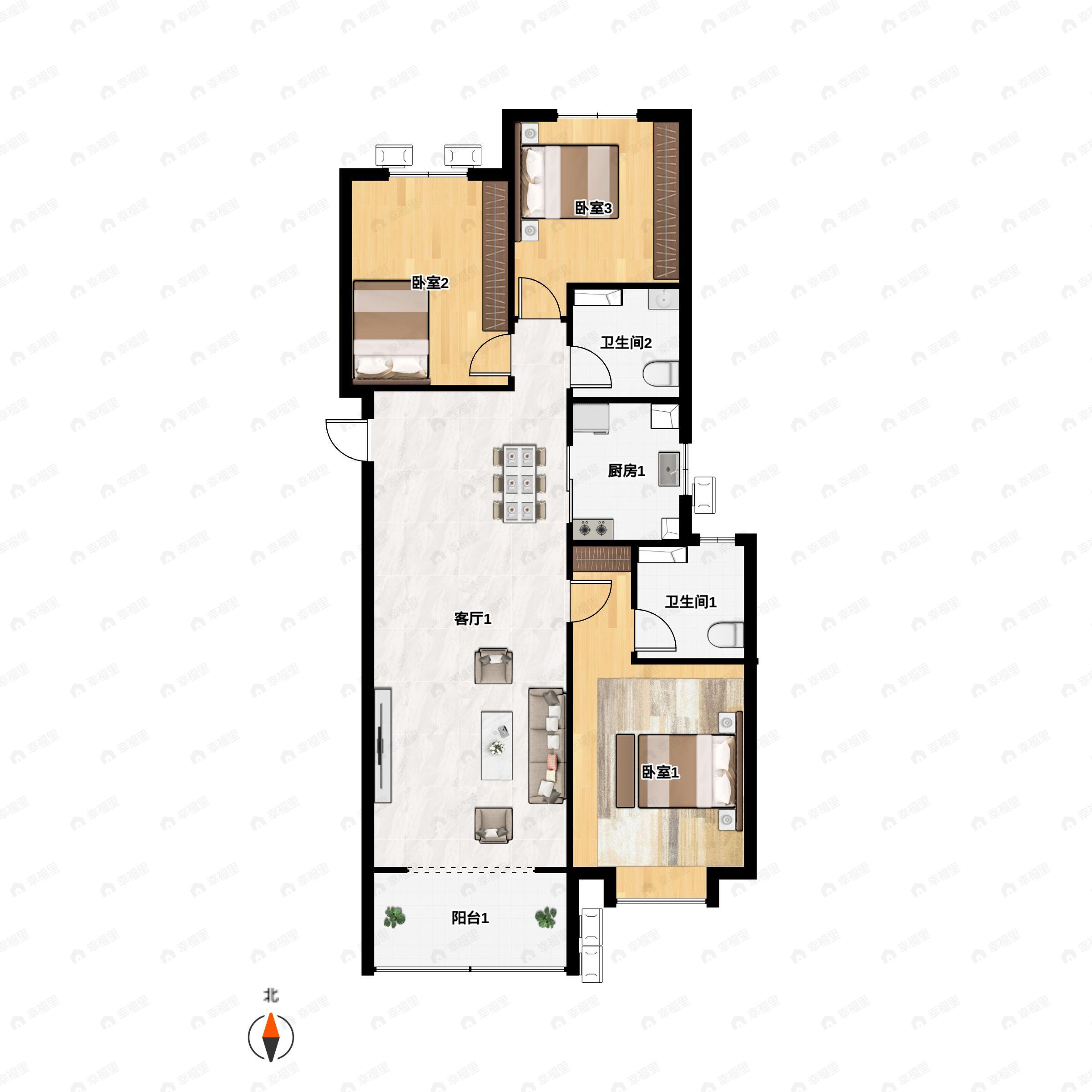 3室2厅2卫建面126平南户型图