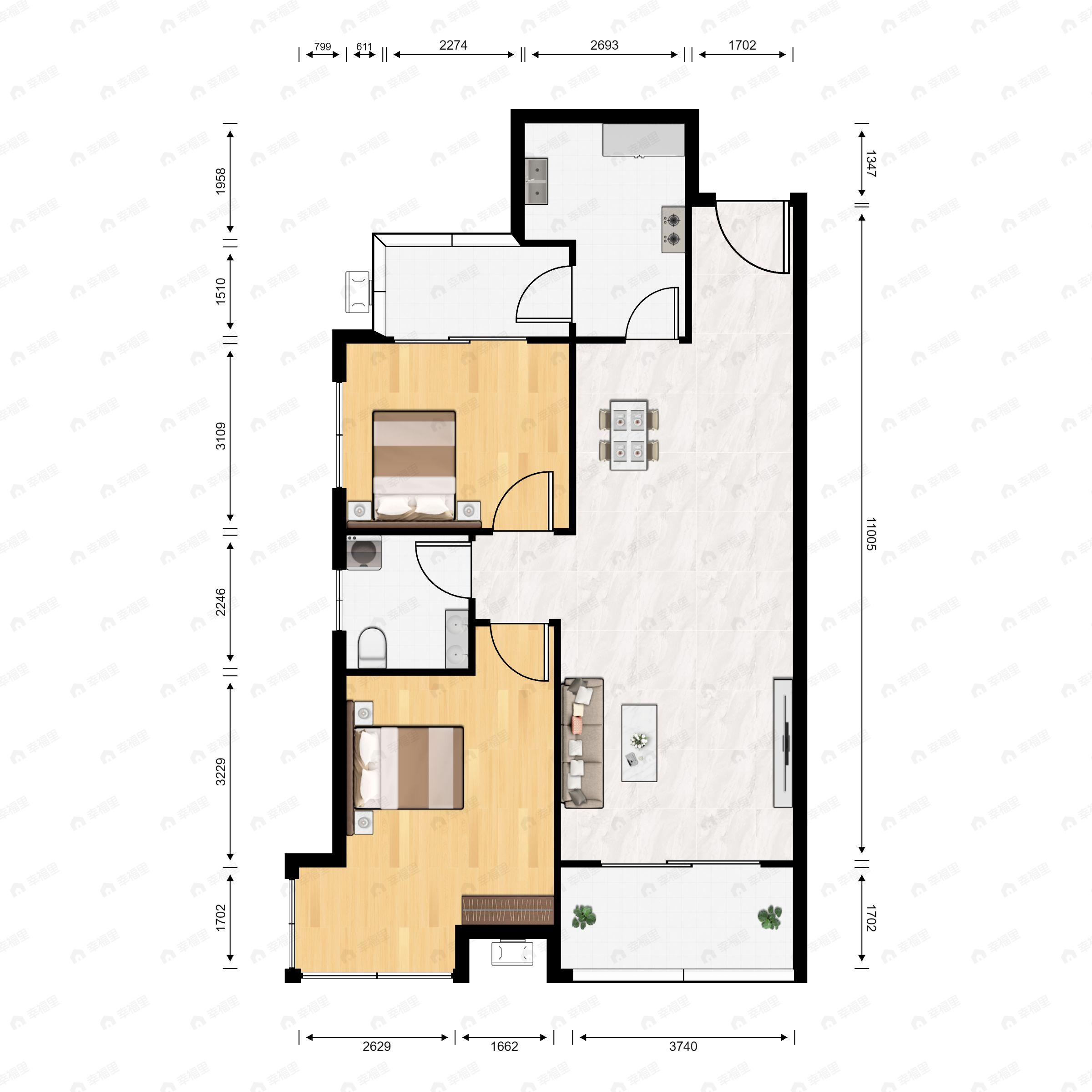 2室2厅1卫建面77平户型图