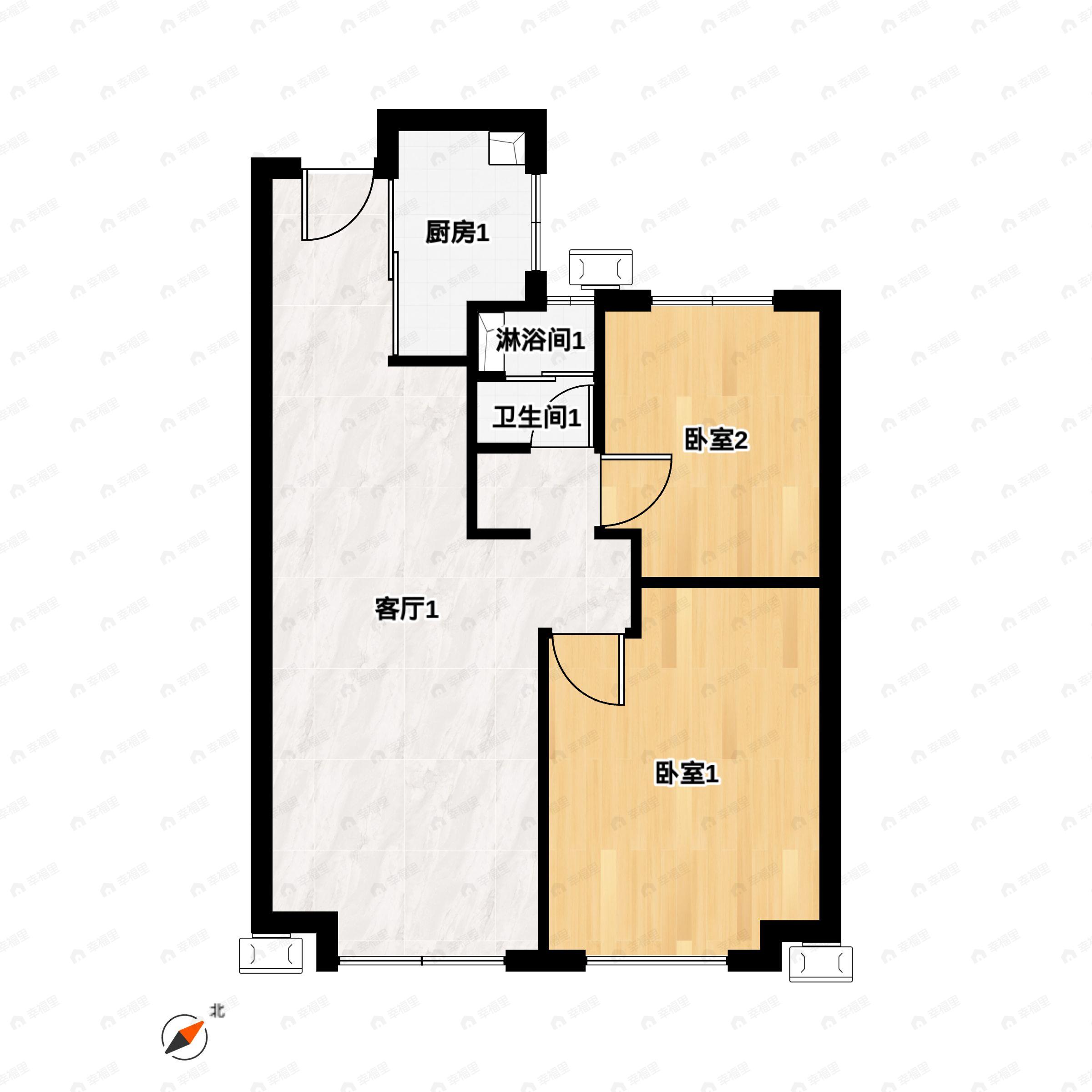 2室2厅1卫建面84m²南户型图