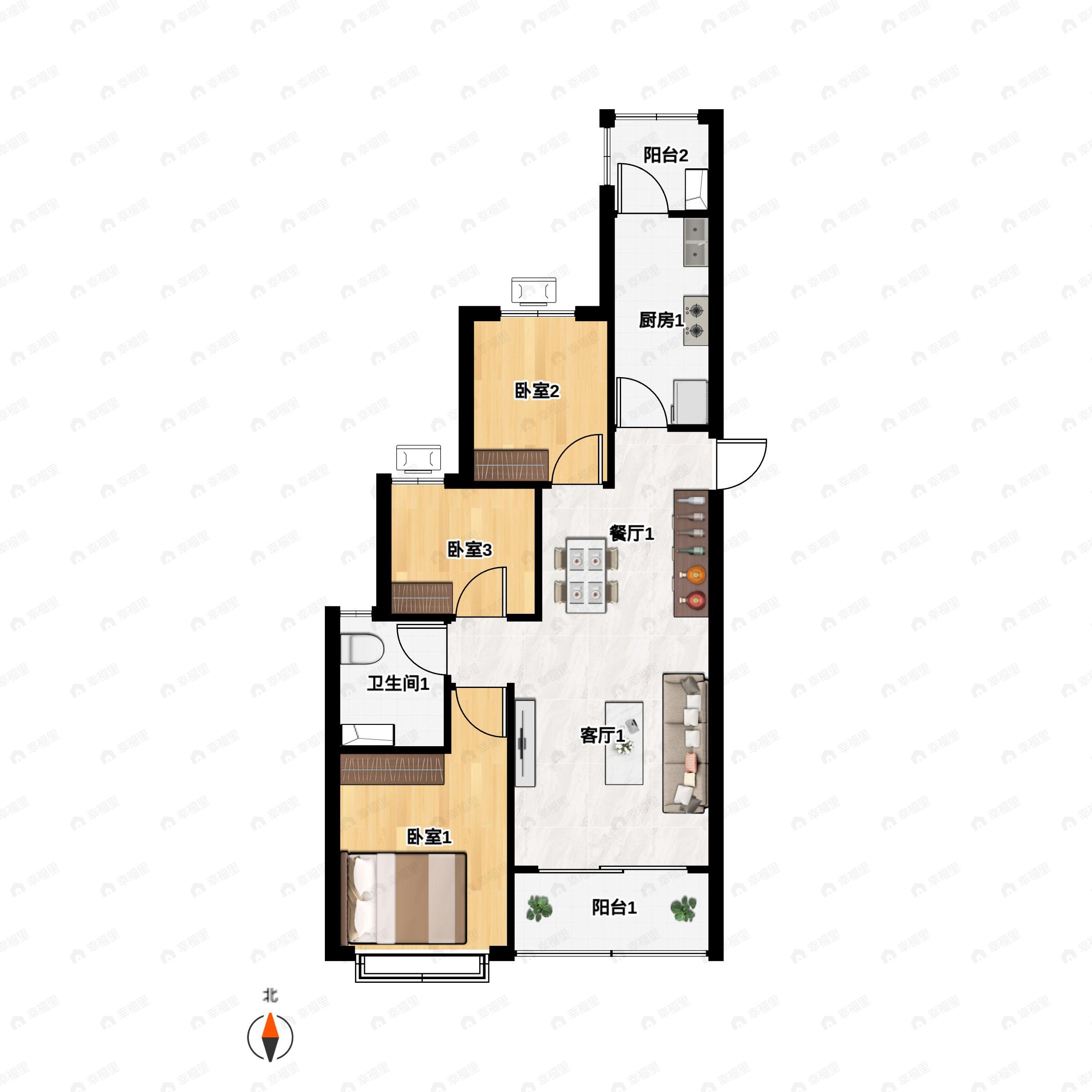 3室2厅1卫建面99平南|北户型图