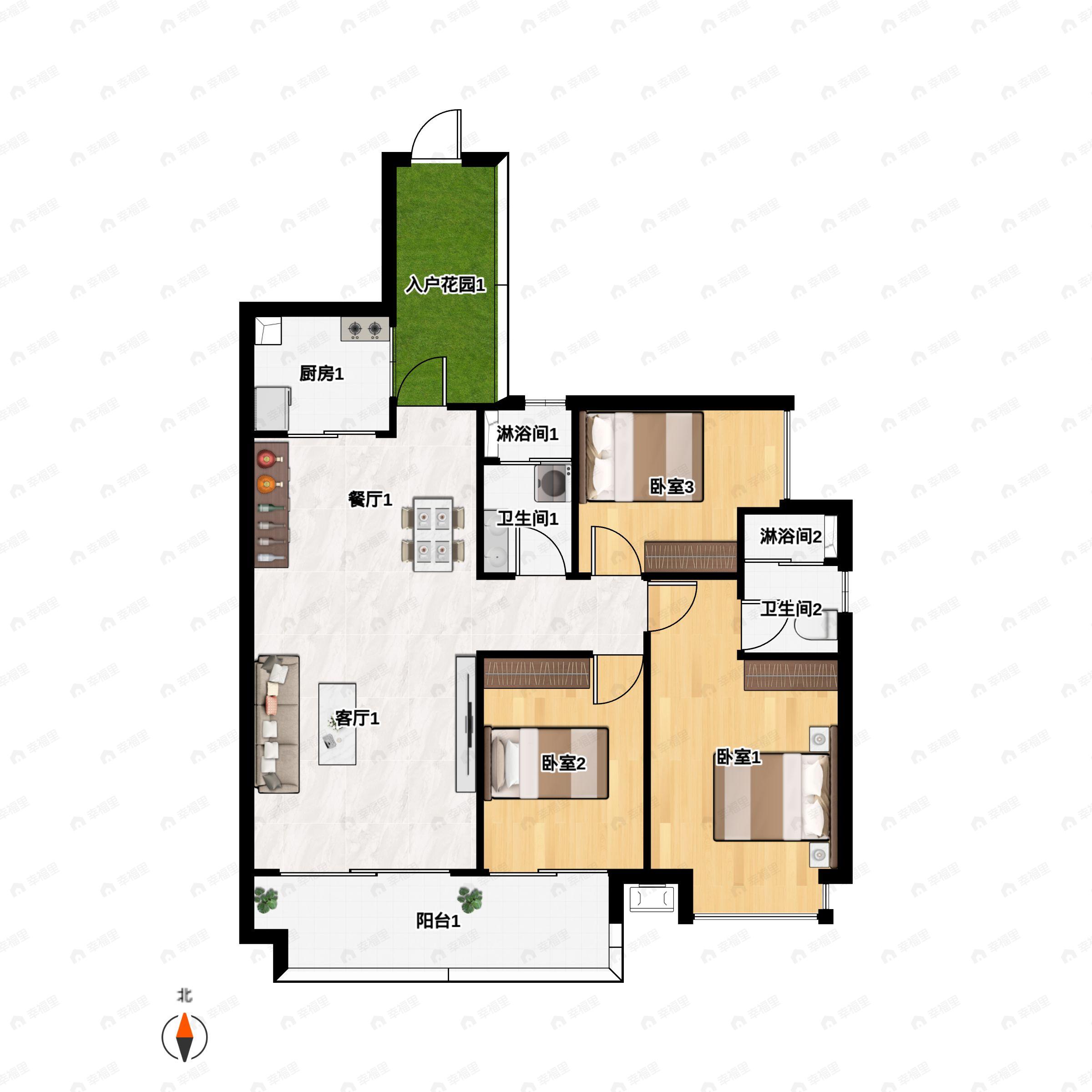 3室2厅2卫建面108m²北|南户型图