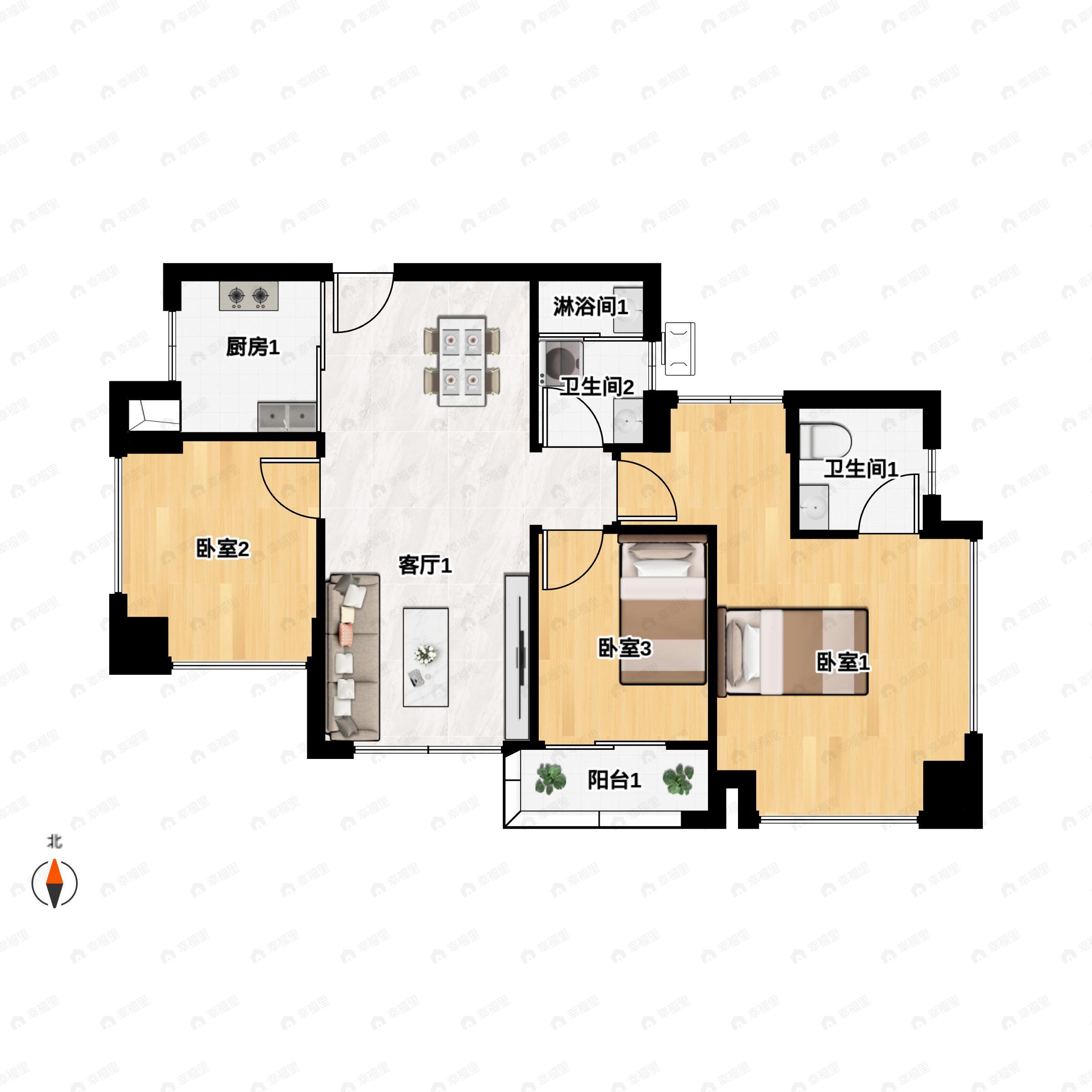 建发首开金茂云启东方3室2厅2卫户型图