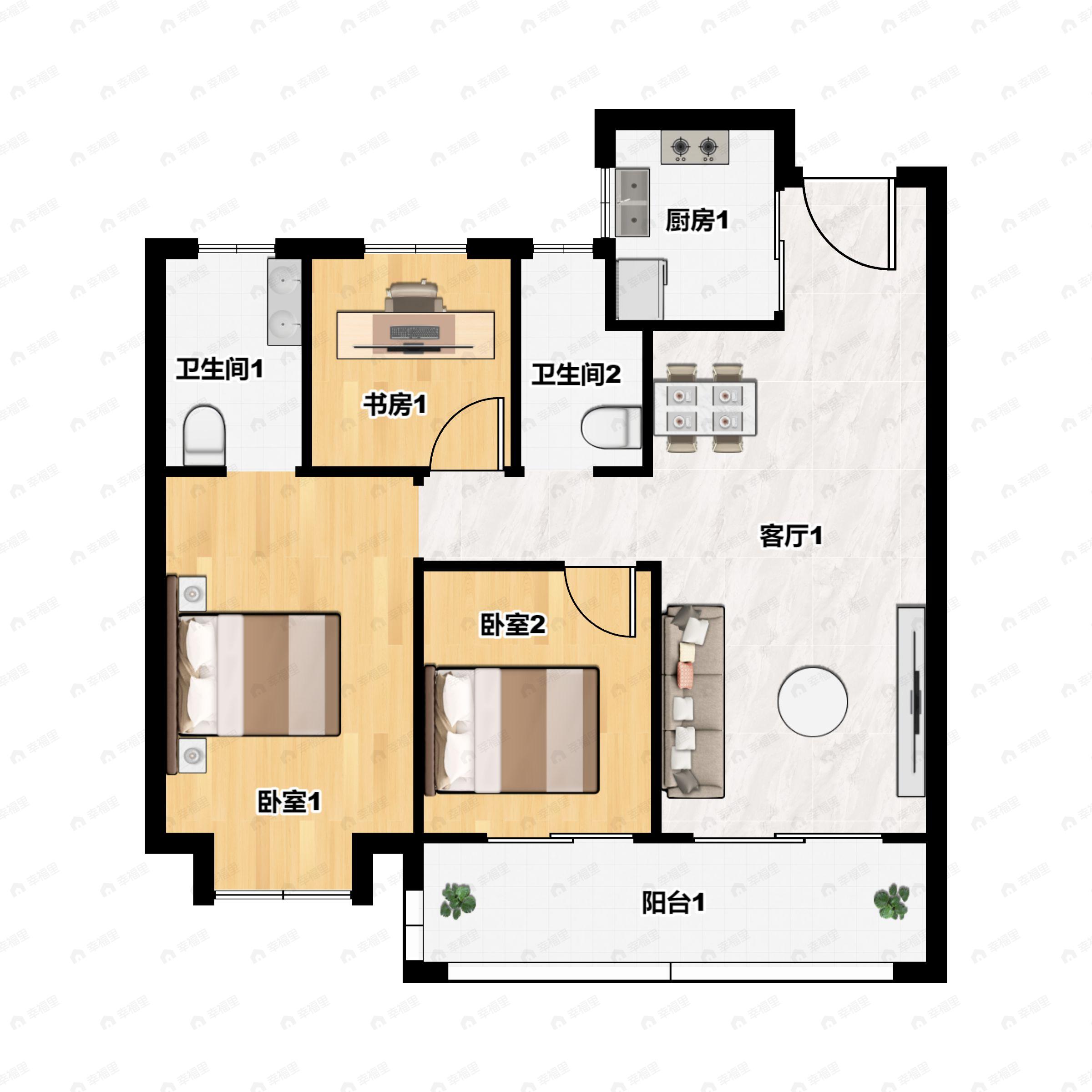 3室2厅2卫建面89平户型图