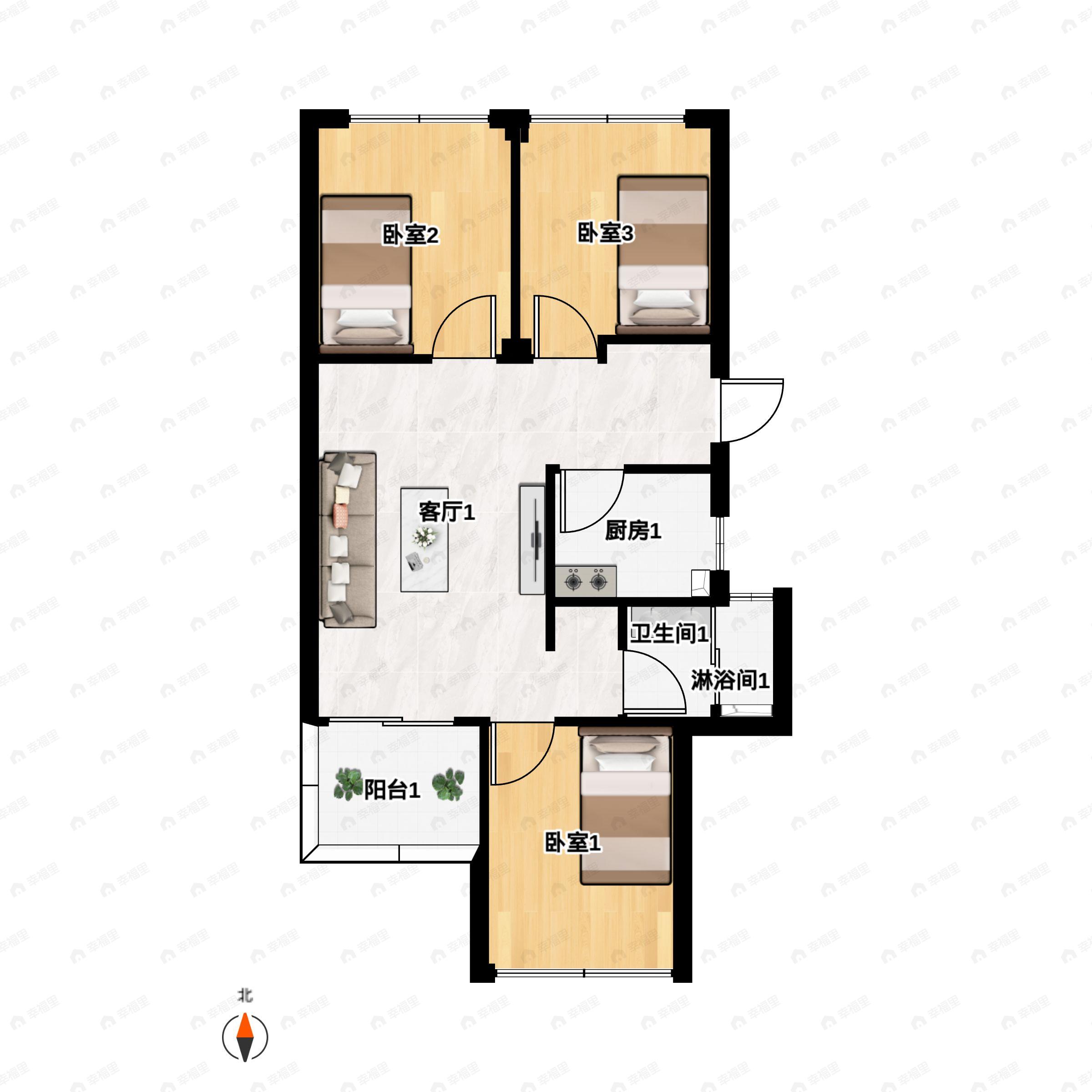 3室2厅1卫建面82平南户型图