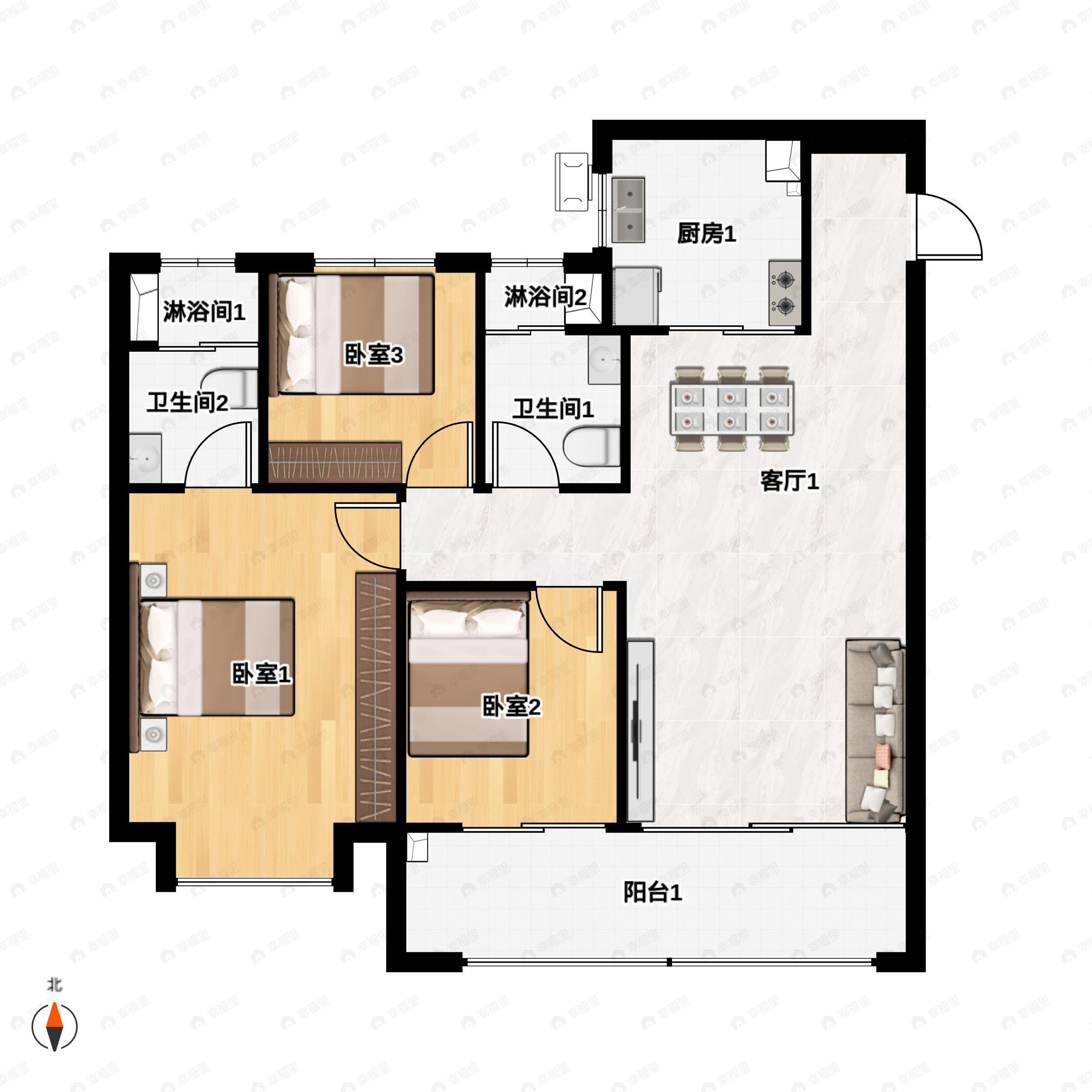 3室2厅2卫建面106平户型图